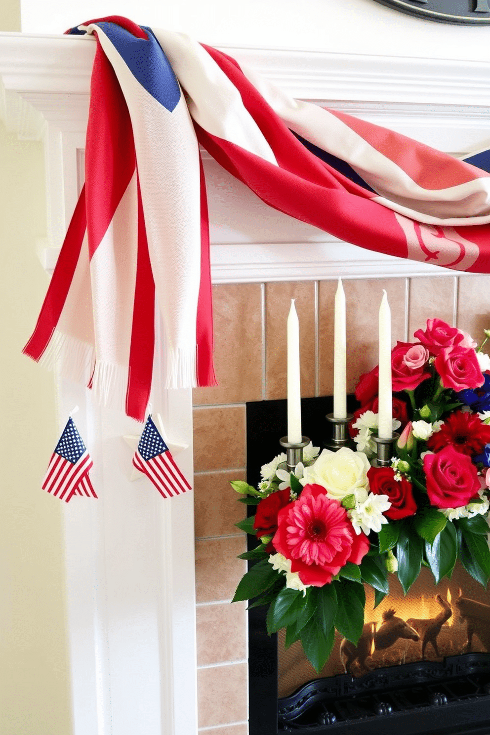 A beautifully draped mantel scarf in red white and blue adds a festive touch to the fireplace decor. The scarf gently cascades over the mantel highlighting patriotic accents like small flags and star-shaped ornaments. For Memorial Day the fireplace is adorned with elegant candles and fresh flowers in vibrant colors. This arrangement creates a warm and inviting atmosphere perfect for honoring the holiday.