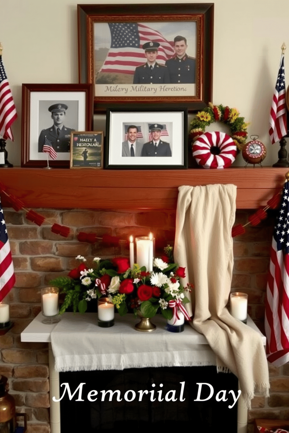 Framed photos of military heroes are displayed prominently on a rustic wooden mantel. The fireplace is adorned with red white and blue decorations including small flags and patriotic wreaths. For Memorial Day the fireplace is decorated with a mix of fresh flowers and candles in glass holders. A cozy blanket drapes over the side of the mantel creating an inviting atmosphere for remembrance and celebration.