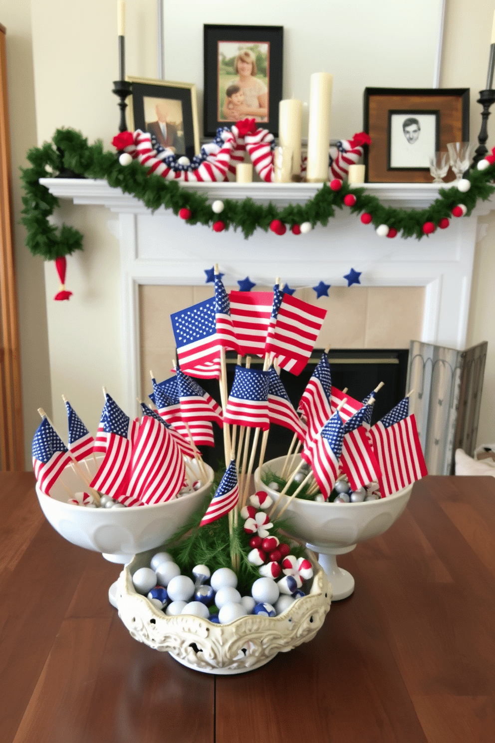 A collection of colorful miniature flags is artfully arranged in decorative bowls, creating a festive and patriotic atmosphere. The bowls are placed on a rustic wooden table, enhancing the charm of the display. For Memorial Day, the fireplace is adorned with red white and blue garlands and candles. A few framed photos of past celebrations are placed on the mantel, adding a personal touch to the decor.