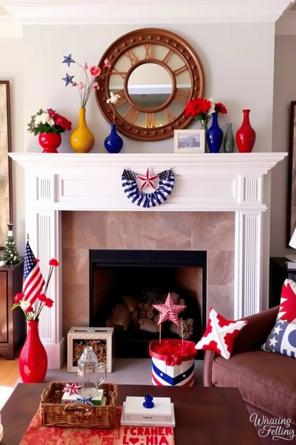 A crisp white mantel adorned with vibrant decorative accents creates a fresh and inviting focal point in the living room. Colorful vases, seasonal flowers, and patriotic-themed decor pieces celebrate the spirit of Memorial Day while adding a touch of personality to the space.