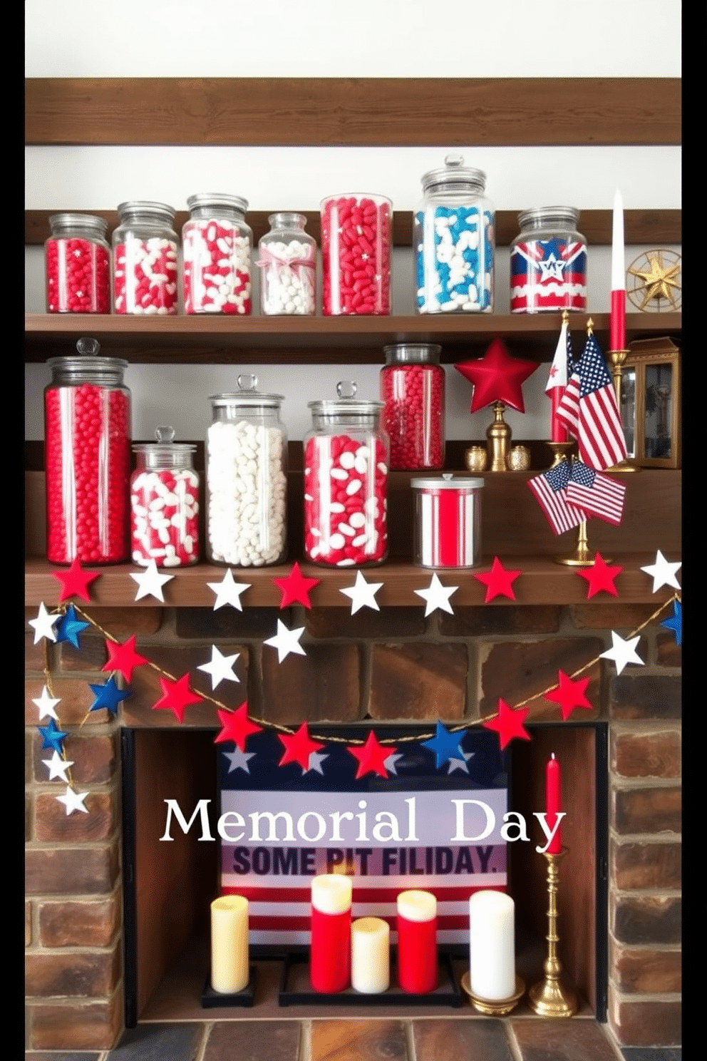 A collection of glass jars filled with vibrant red and white candies sits elegantly on a rustic wooden shelf. The jars are arranged in varying heights, creating visual interest and inviting a festive atmosphere. For Memorial Day, the fireplace is adorned with patriotic decorations featuring red, white, and blue accents. A garland of stars and stripes drapes across the mantel, complemented by candles in red and white hues.