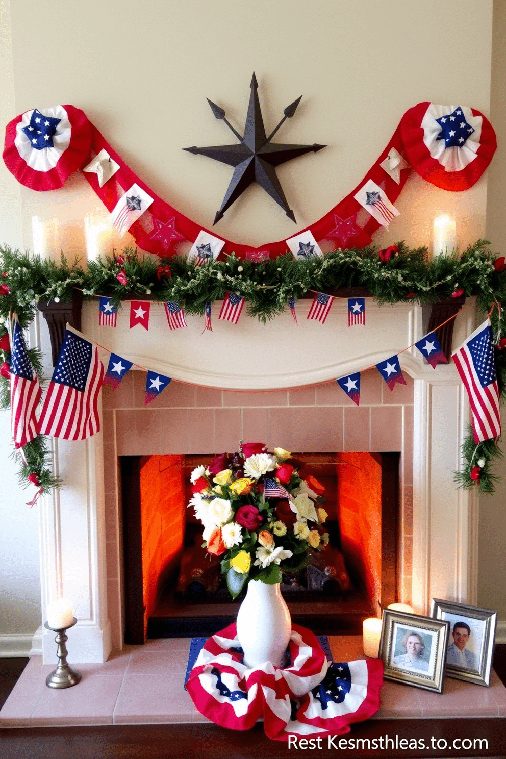 A festive garland drapes elegantly across the mantel, adorned with stars and stripes in red, white, and blue. The fireplace is surrounded by patriotic decor, including small flags and candles that create a warm, inviting atmosphere. For Memorial Day, the fireplace features a beautiful arrangement of seasonal flowers in a vase. The mantel is decorated with framed photos of loved ones who served, adding a personal touch to the celebration.