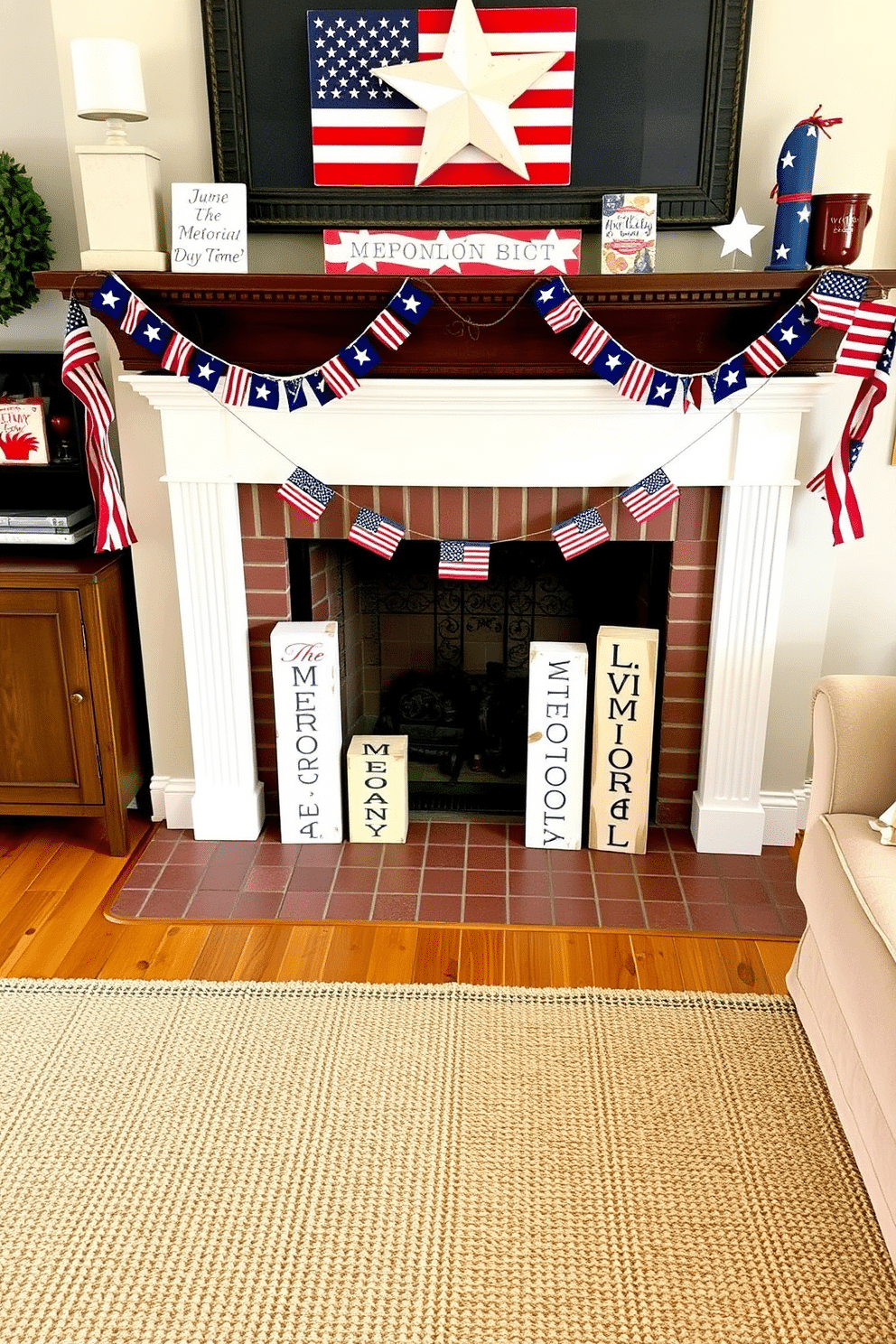 A cozy living room setting featuring a fireplace adorned with wooden blocks painted with patriotic phrases. The fireplace mantel is decorated with red white and blue accents including a garland of stars and stripes. On the floor, a soft woven rug complements the warm tones of the wooden blocks. A comfortable seating area with plush cushions invites relaxation while celebrating the spirit of Memorial Day.