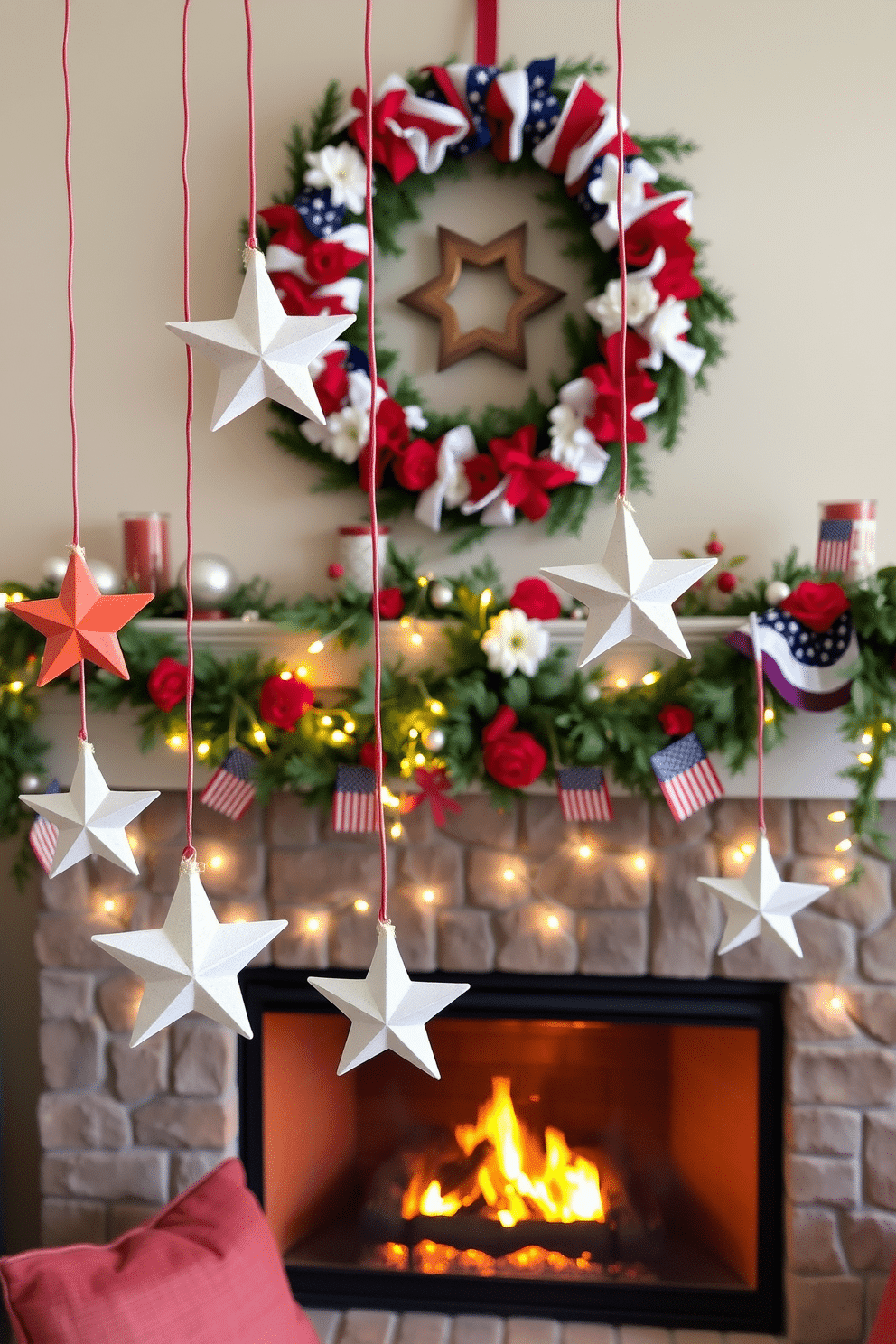 A cozy living room adorned with hanging star ornaments from the mantel edge. The fireplace is decorated with red, white, and blue accents to celebrate Memorial Day, featuring a garland of flowers and small flags. The mantel is lined with twinkling fairy lights that illuminate the star ornaments. A festive wreath with patriotic colors hangs above the fireplace, completing the cheerful holiday atmosphere.