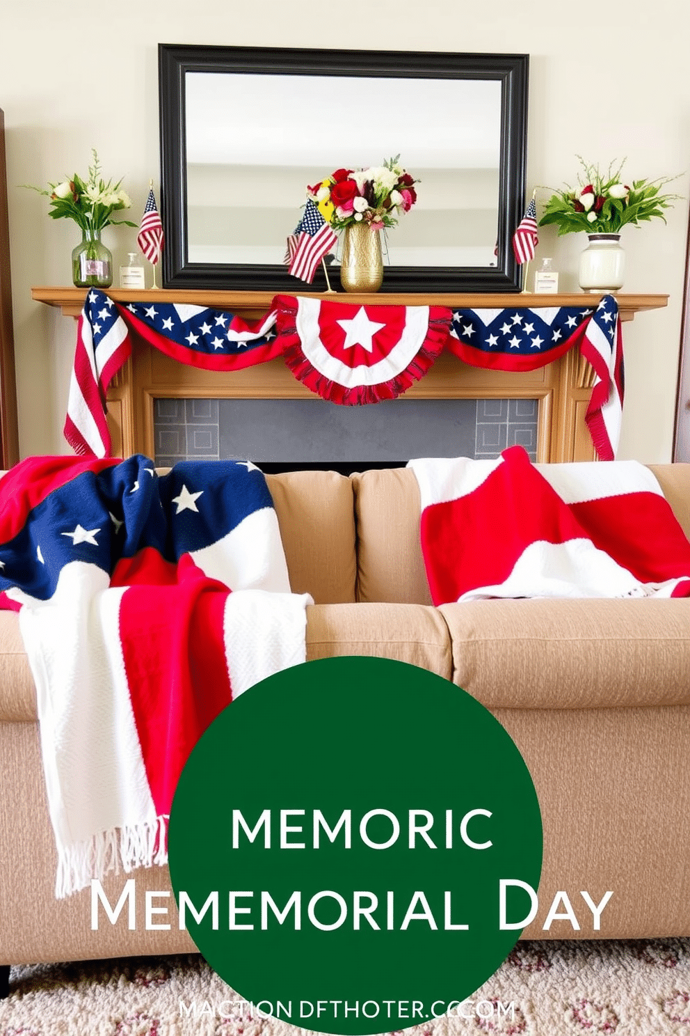 A cozy living room setting featuring a fireplace adorned with red, white, and blue throw blankets draped over a plush sofa. The mantel is decorated with patriotic accents, including small flags and seasonal flowers in a vase, creating a warm and inviting atmosphere for Memorial Day.