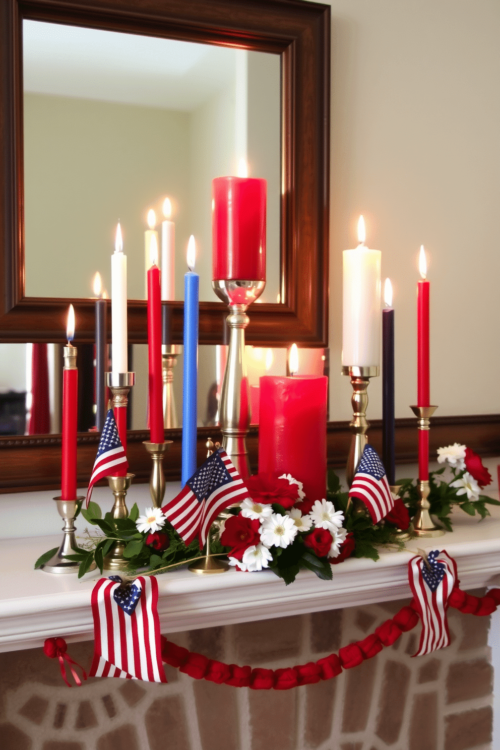 A festive fireplace setting adorned with red white and blue candles of various heights. The candles are arranged in a decorative display on the mantel, complemented by small American flags and fresh flowers in patriotic colors.