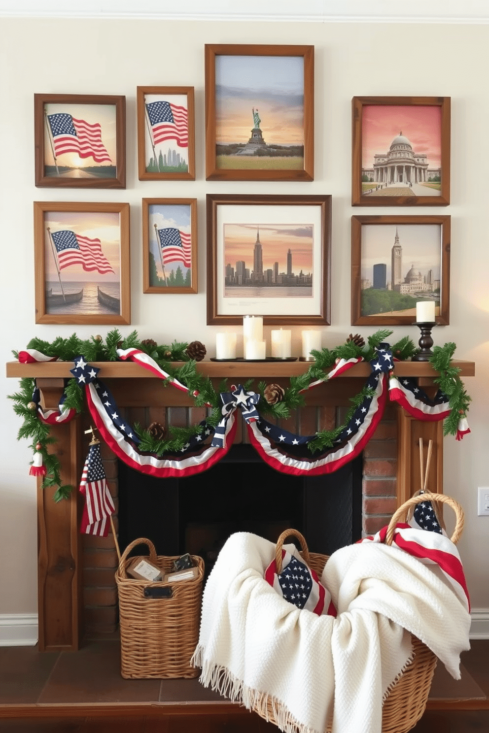 A collection of seasonal art prints showcasing iconic American themes such as the flag, landscapes, and historical landmarks. These prints are arranged in a gallery wall format, framed in rustic wood to enhance a warm and inviting atmosphere. For Memorial Day, the fireplace is adorned with patriotic decorations including red white and blue garlands and candles. A woven basket filled with cozy blankets sits nearby, inviting family and friends to gather around and celebrate.