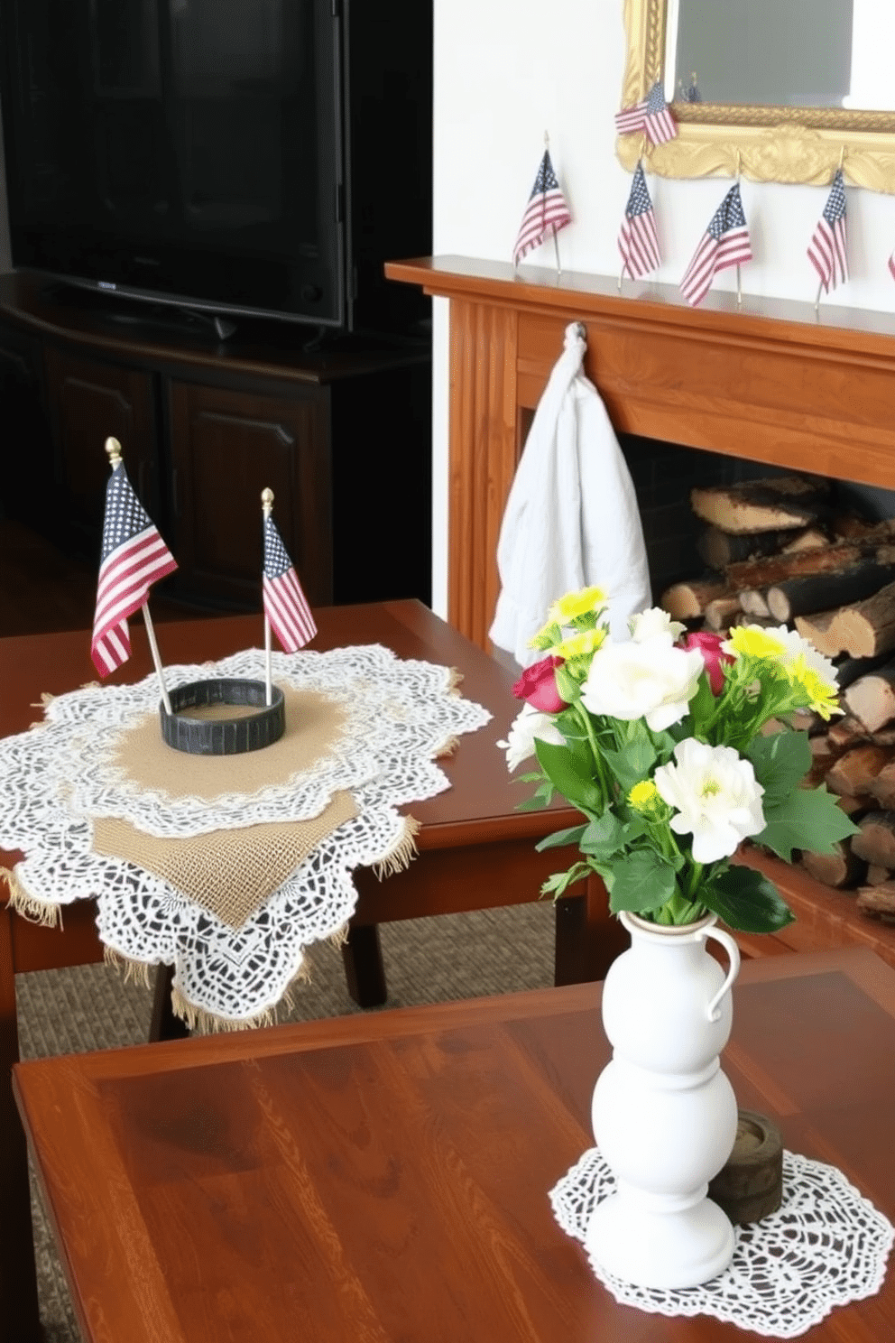 Create a cozy living room setting featuring a fireplace adorned with layered textures. Incorporate burlap and lace elements in the decor, such as a burlap table runner and lace doilies on the mantel. The fireplace is surrounded by a warm wood frame, with a stack of firewood neatly arranged beside it. Add seasonal touches like small American flags and fresh flowers in a rustic vase to celebrate Memorial Day.