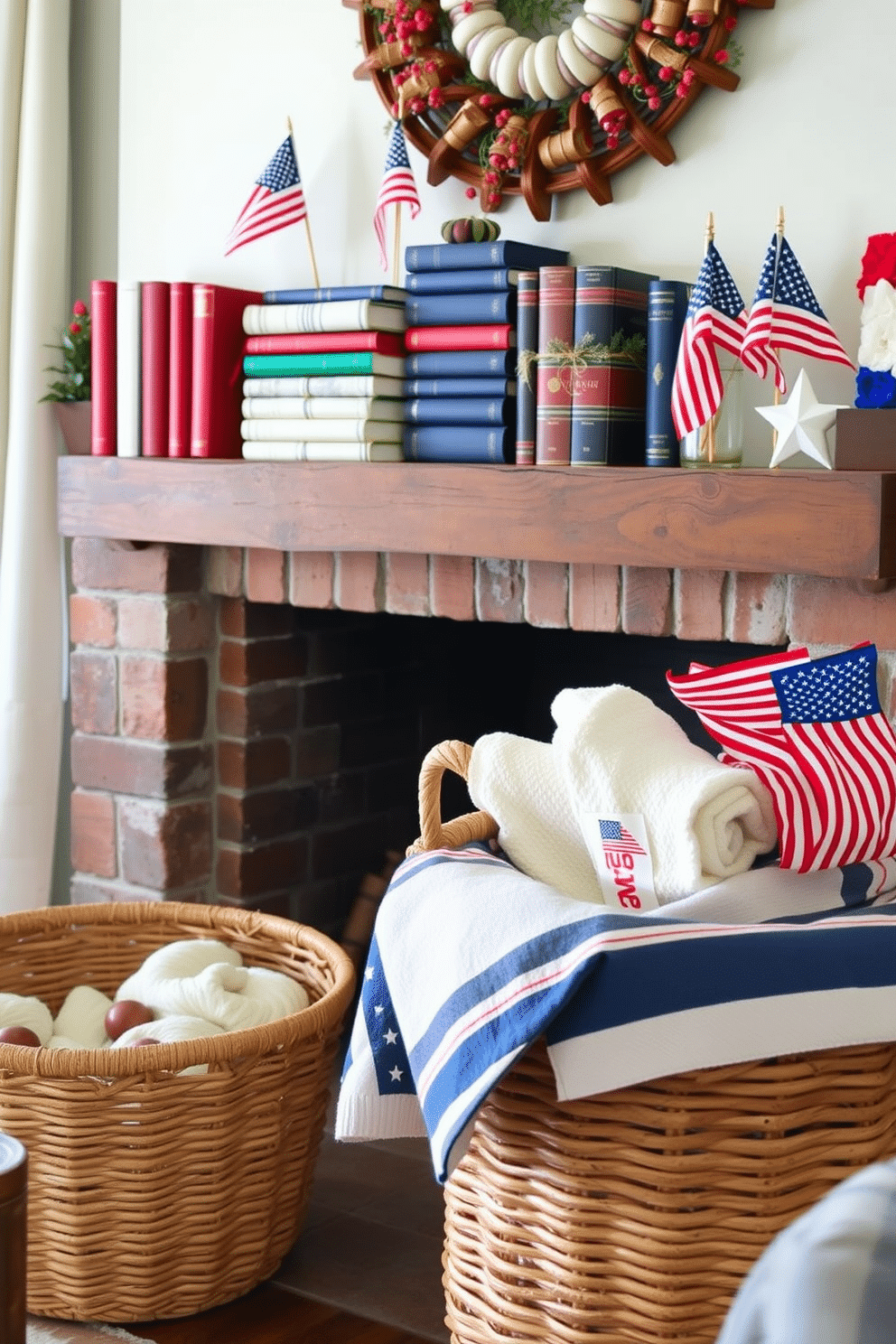 A cozy living room setting featuring a fireplace adorned with decorative books in patriotic colors. The books are stacked neatly on a rustic wooden shelf, with red, white, and blue covers creating a vibrant display. On the mantel, small American flags and seasonal decorations enhance the festive atmosphere. A woven basket filled with blankets sits nearby, inviting comfort and warmth to the space.