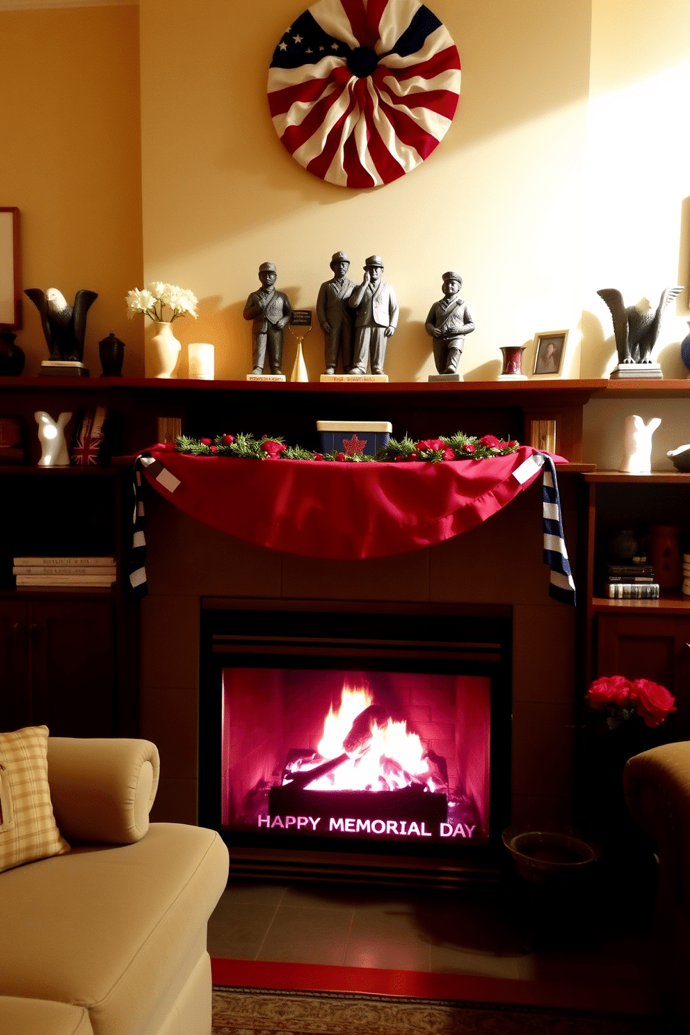 A cozy living room setting featuring a fireplace adorned with ceramic figurines of soldiers standing proudly on the mantel. The fireplace is surrounded by a tasteful arrangement of patriotic decor, including red, white, and blue accents that celebrate Memorial Day. The ceramic figurines of eagles are strategically placed on the shelves flanking the fireplace, adding a sense of honor and tradition. Soft lighting illuminates the space, creating a warm and inviting atmosphere perfect for gathering with family and friends.