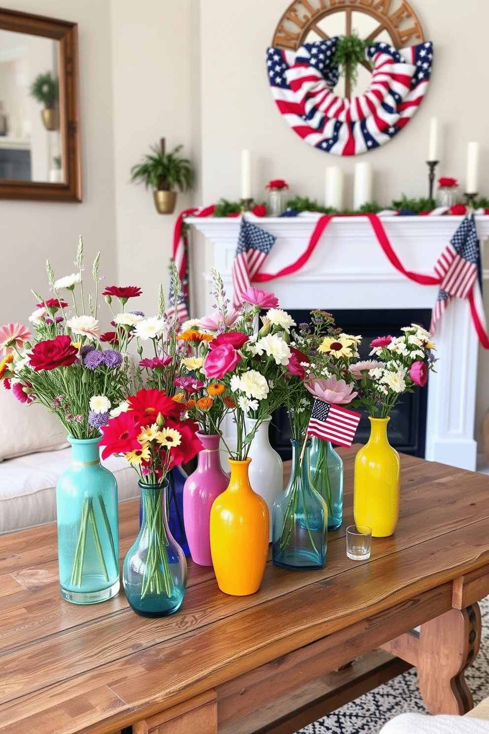 A collection of colorful vases filled with vibrant wildflowers is arranged on a rustic wooden table. The vases vary in height and shape, creating an inviting and cheerful centerpiece for the room. For Memorial Day, the fireplace is adorned with patriotic decorations. Red white and blue accents are draped elegantly around the mantel, complemented by candles and small American flags.