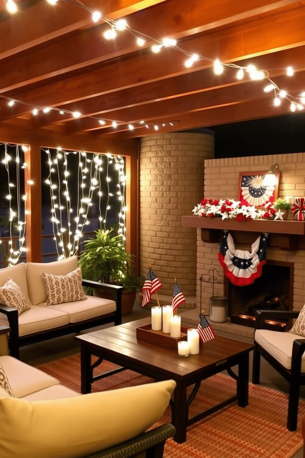 A cozy outdoor space adorned with sparkling string lights creating a warm evening glow. The lights are draped elegantly across a wooden pergola, illuminating a seating area with plush cushions and a rustic coffee table. A charming fireplace decorated for Memorial Day with patriotic accents. The mantel is adorned with red, white, and blue garlands, and small American flags are placed around candles for a festive touch.