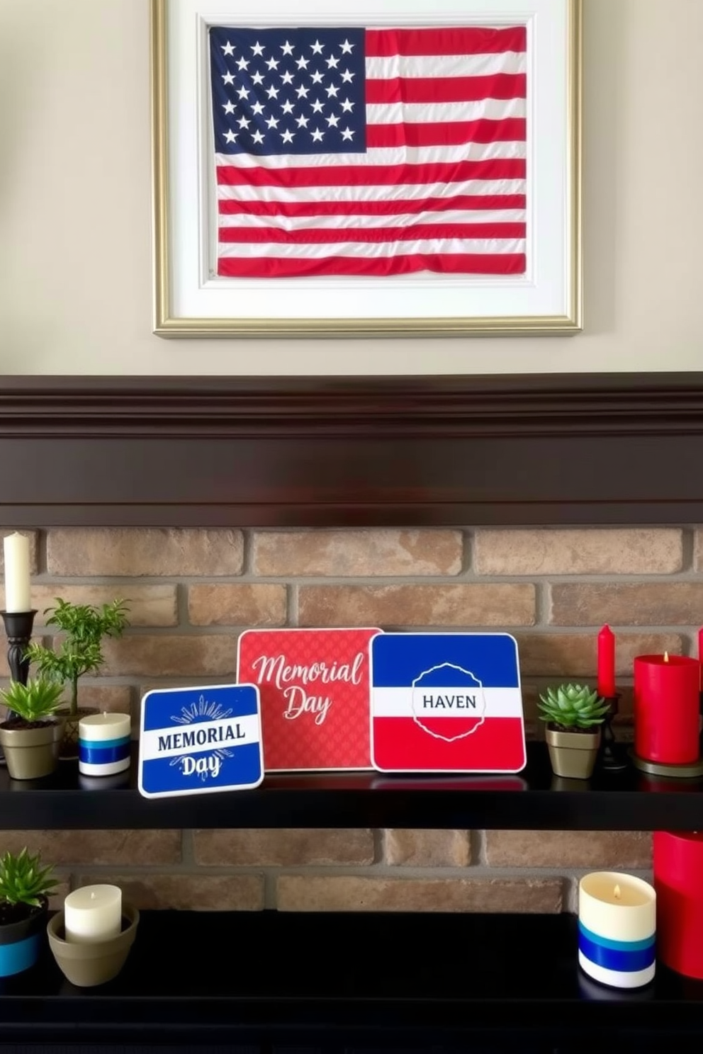 A cozy fireplace adorned with patriotic-themed coasters resting on the mantel. The coasters feature vibrant red white and blue designs celebrating Memorial Day. Above the fireplace a beautifully framed American flag adds a touch of pride to the decor. Surrounding the fireplace are seasonal decorations including small potted plants and candles in matching colors.