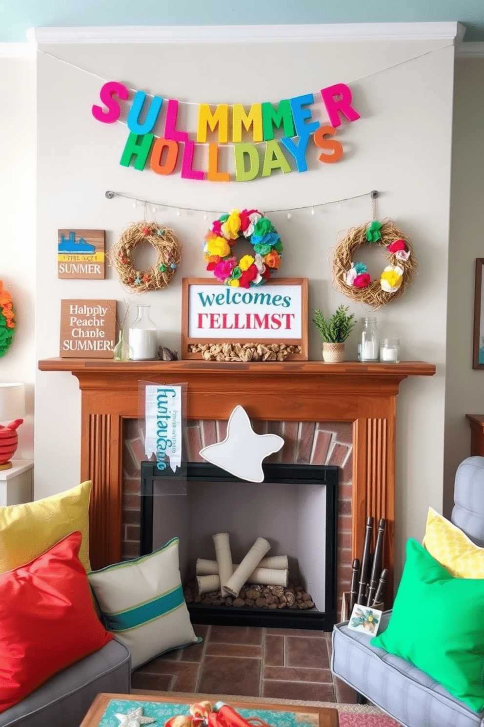 A vibrant living room adorned with seasonal signs welcoming the summer holidays. Colorful banners and wreaths hang above the fireplace, celebrating the warmth and joy of the season. The fireplace is decorated with rustic elements, including a wooden mantel showcasing beach-themed decor. Surrounding the fireplace, soft cushions in bright hues invite relaxation and enjoyment of summer gatherings.