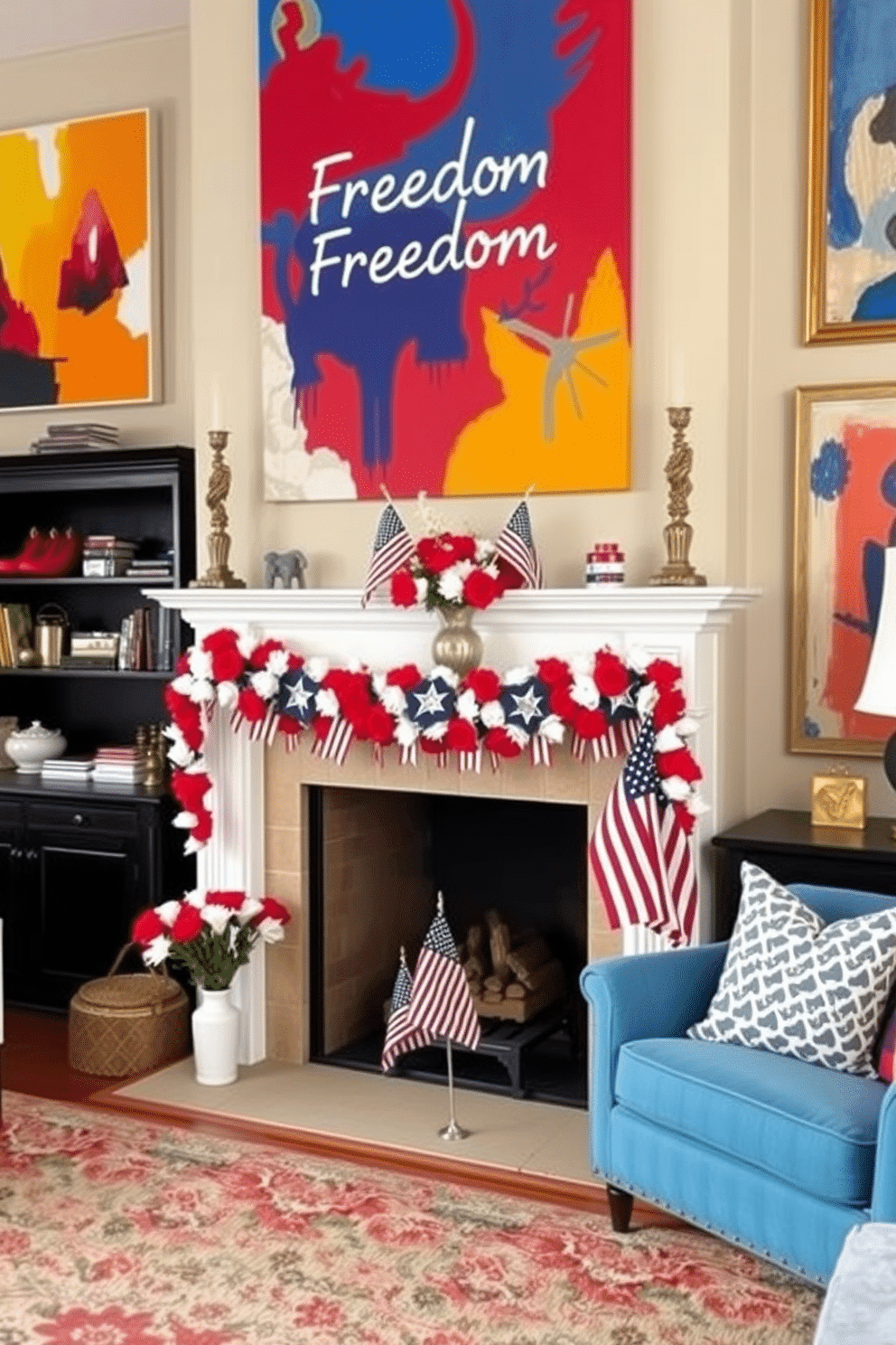 A vibrant living room filled with colorful art pieces that celebrate freedom. The walls are adorned with large abstract paintings in bold hues, creating a lively atmosphere. A cozy fireplace adorned for Memorial Day, featuring a garland of red white and blue flowers. On the mantel, small flags and patriotic-themed decor add a festive touch to the warm and inviting space.