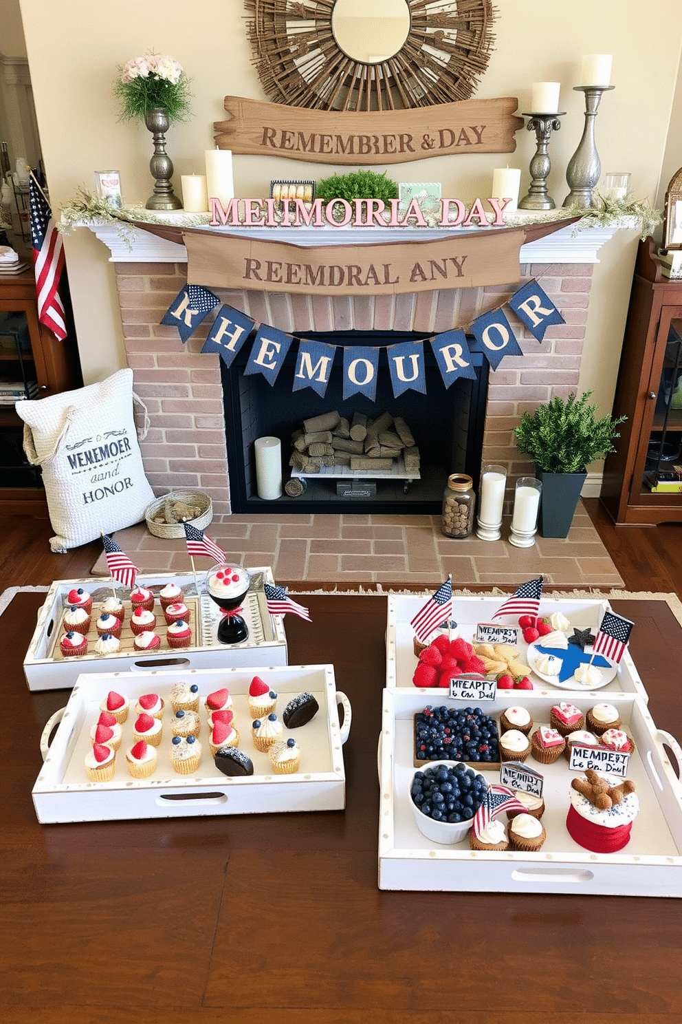 A collection of decorative trays arranged on a wooden coffee table. Each tray features a variety of themed snacks, including red, white, and blue desserts, fresh fruits, and patriotic-themed appetizers. A cozy fireplace adorned with festive decorations for Memorial Day. The mantel is decorated with small American flags, candles, and a rustic banner that reads 