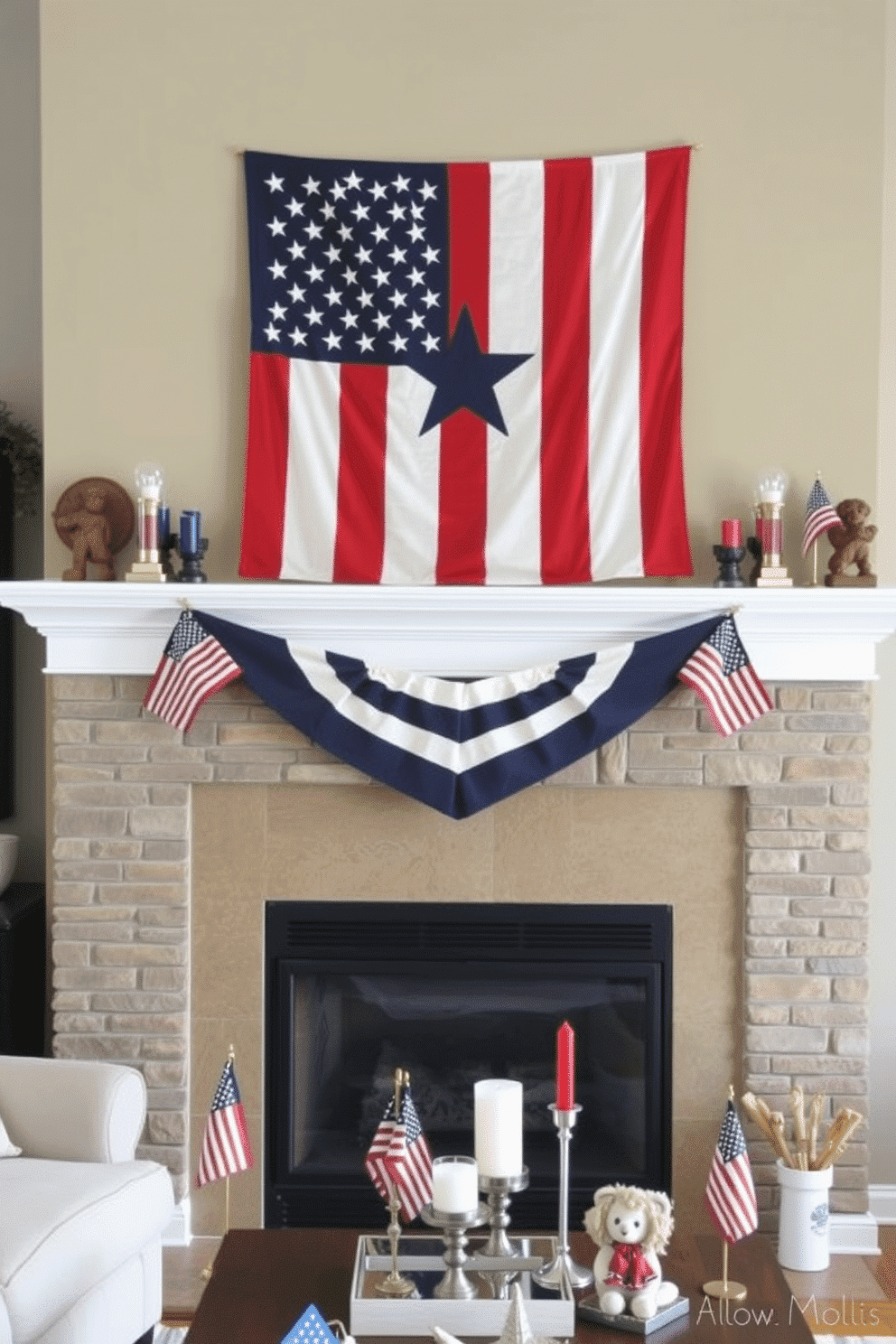 A cozy living room setting featuring a fireplace adorned with a star-spangled banner. The mantel is decorated with patriotic-themed decor, including small American flags and red, white, and blue candles.