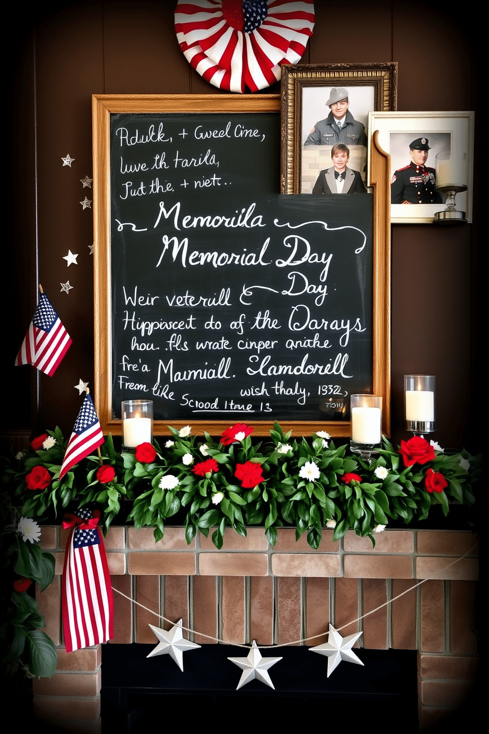 A chalkboard is elegantly displayed with handwritten Memorial Day messages in white chalk. Surrounding the board are small American flags and red, white, and blue decorations that evoke a patriotic spirit. A cozy fireplace is adorned with a garland of fresh greenery intertwined with red and white flowers. Above the mantel, framed photos of veterans are showcased alongside candles in glass holders that create a warm, inviting glow.