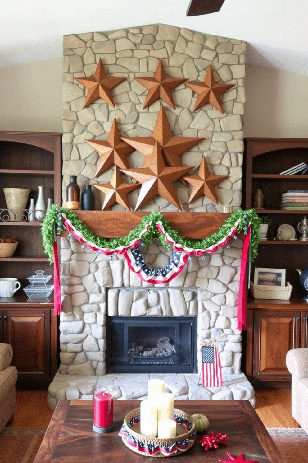 A cozy living room featuring rustic wooden stars as focal decor. The stars are arranged above a stone fireplace, complemented by a warm color palette of browns and creams. For Memorial Day, the fireplace is adorned with red, white, and blue accents. Patriotic garlands and candles create a festive atmosphere, enhancing the rustic charm of the space.