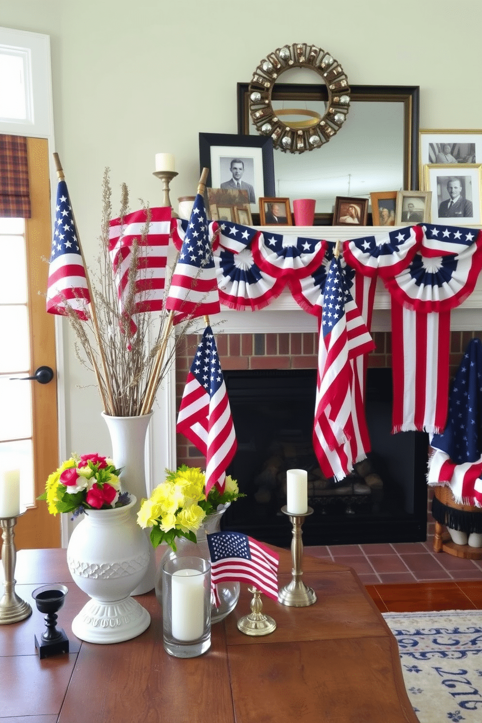 A collection of vintage American flags displayed in decorative vases adds a patriotic touch to the room. The vases are arranged on a rustic wooden table, surrounded by seasonal flowers and candles for an inviting atmosphere. For Memorial Day, the fireplace is adorned with red white and blue decorations. A garland of stars and stripes drapes across the mantel, complemented by framed photos of past celebrations and a cozy arrangement of blankets.