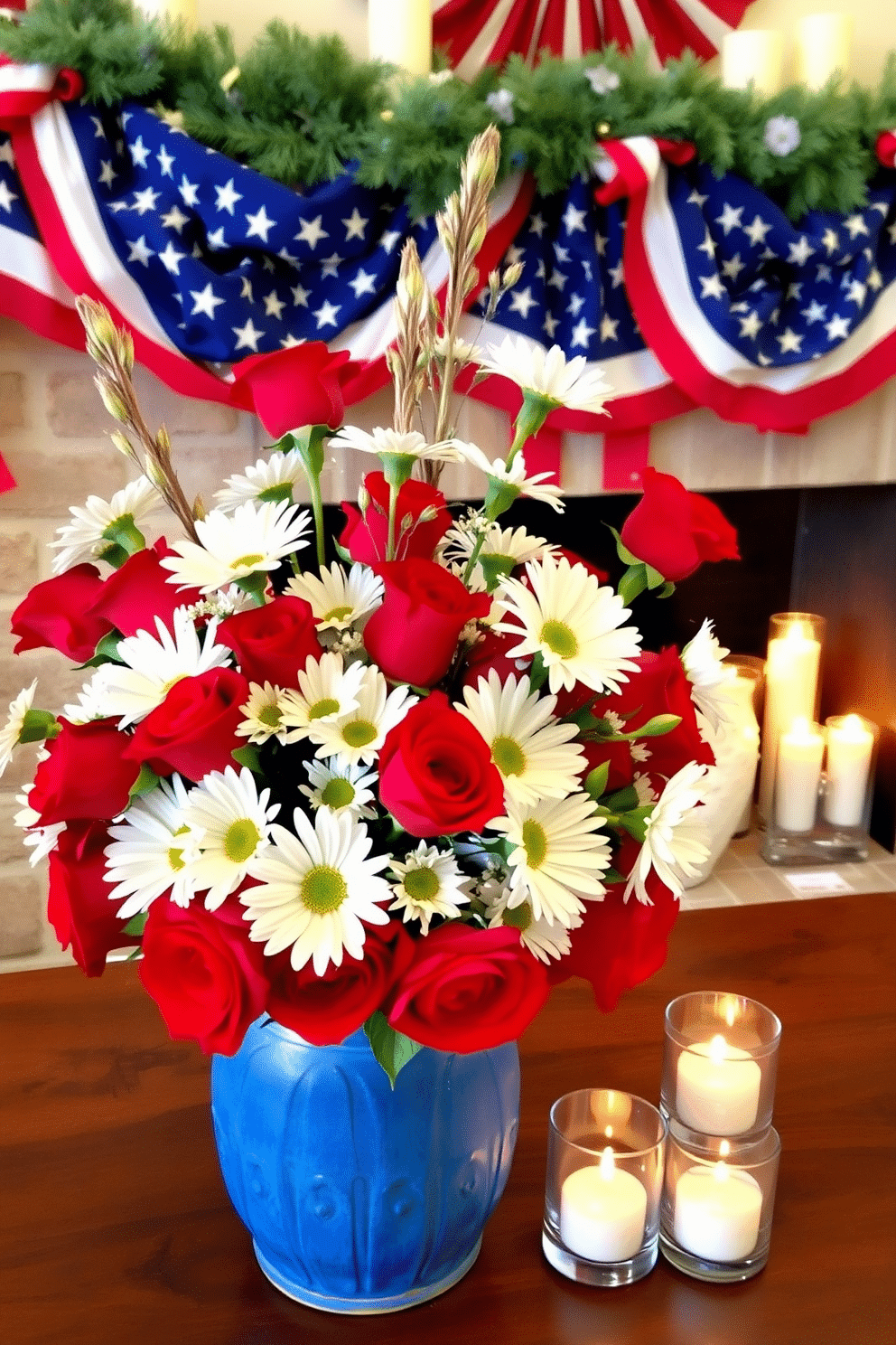 Floral arrangements with patriotic colors. Bright red roses and white daisies are artfully arranged in a rustic blue vase, creating a vibrant centerpiece. Memorial Day fireplace decorating ideas. The mantel is adorned with a garland of red, white, and blue flags, complemented by flickering candles in glass holders.