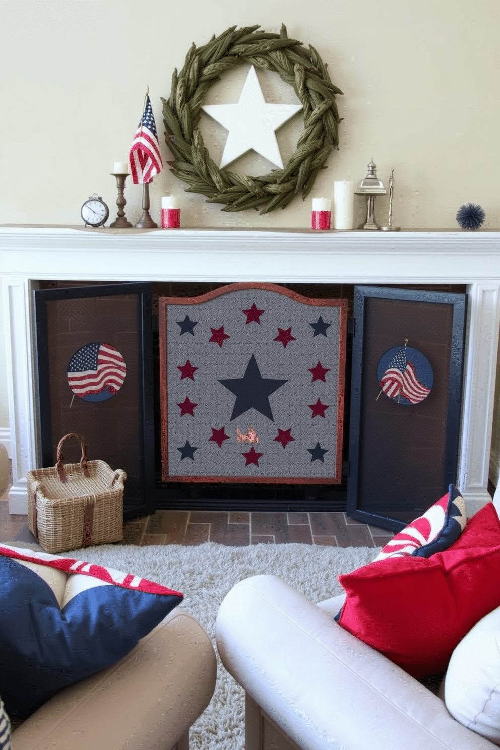 A cozy living room featuring a fireplace adorned with a decorative screen showcasing patriotic motifs. The screen is complemented by a rustic mantel decorated with red white and blue accents including candles and small flags. The area around the fireplace is enhanced with a plush area rug in neutral tones. Comfortable seating arrangements with throw pillows in coordinating colors invite relaxation and celebration.