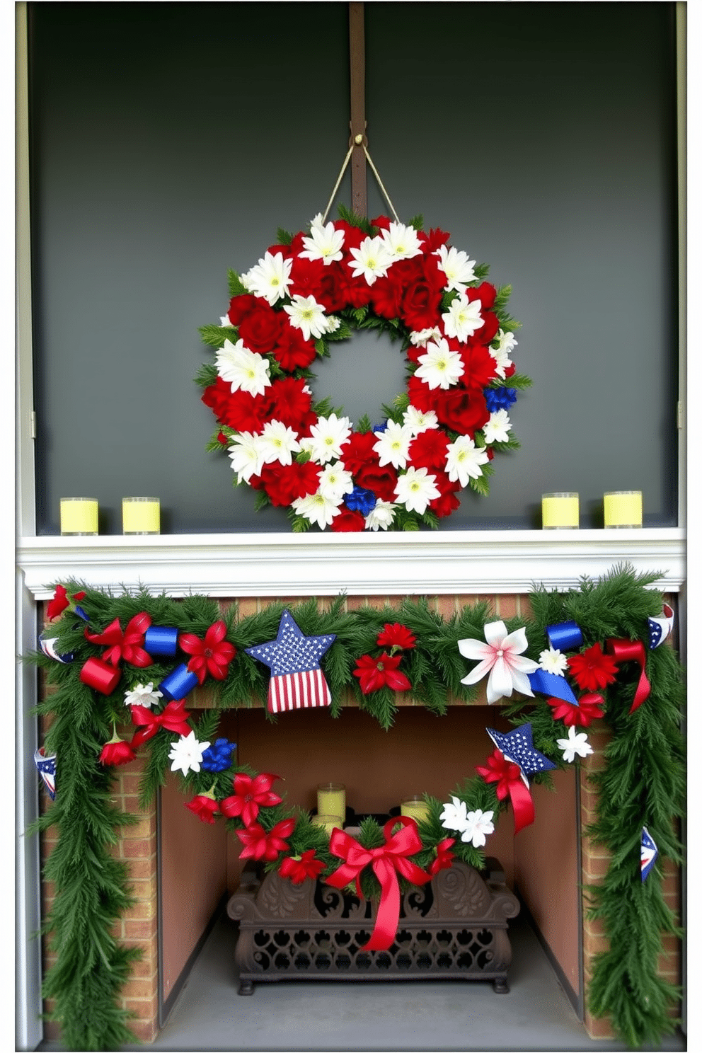 A beautiful wreath made of red white and blue flowers hangs on the front door. The vibrant colors symbolize patriotism and celebrate the spirit of Memorial Day. The fireplace is adorned with garlands of greenery interspersed with red white and blue accents. Candles in matching colors are placed on the mantel to create a warm and inviting atmosphere.