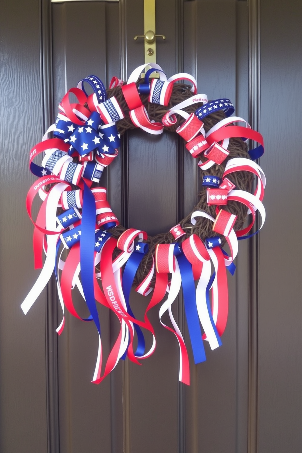 A patriotic wreath is adorned with vibrant red white and blue ribbons gracefully cascading down. This festive decoration is perfect for welcoming guests on Memorial Day, adding a touch of national pride to your front door.