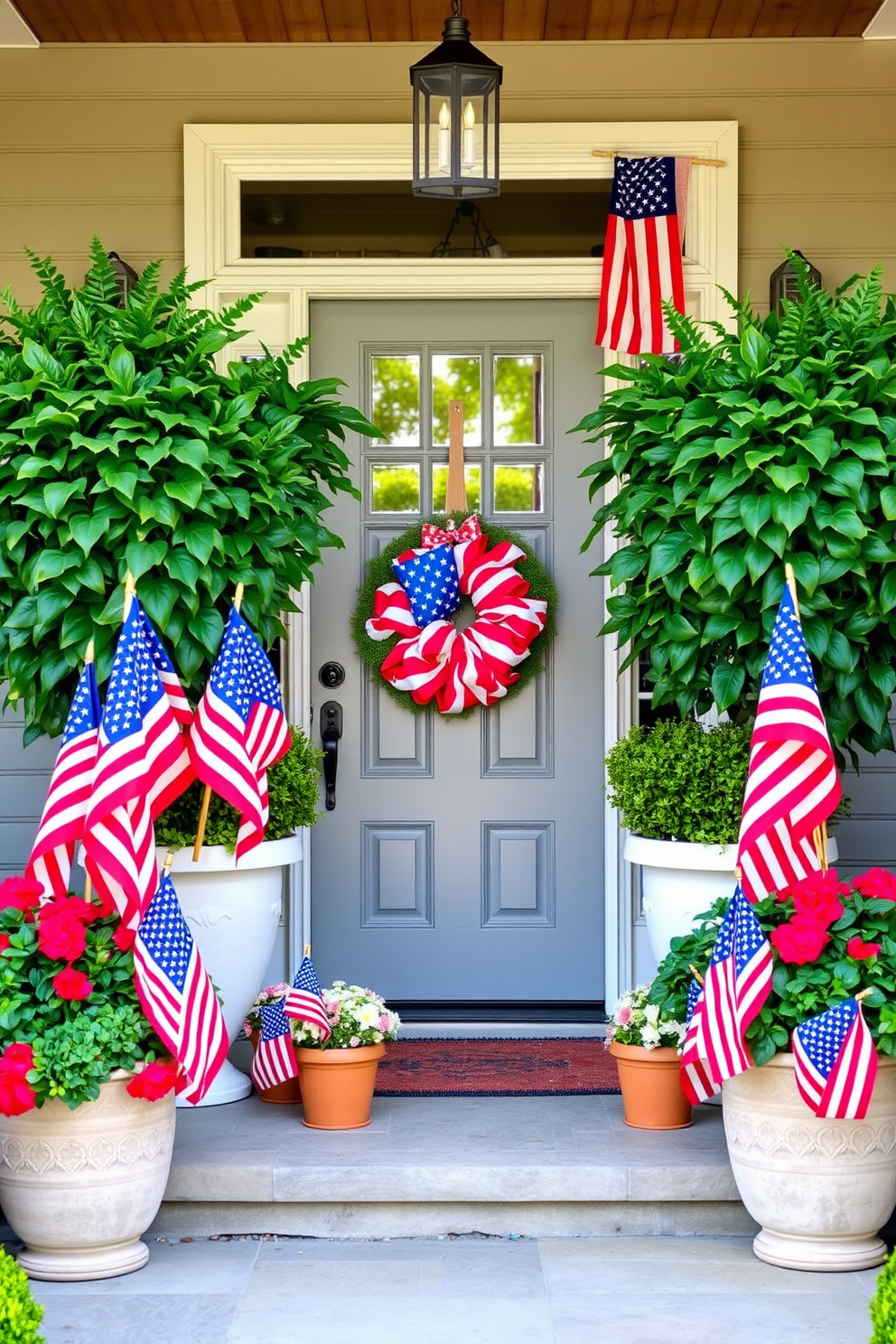 A vibrant display of decorative flags is nestled among lush potted plants on a front porch. The flags feature red, white, and blue patterns, fluttering gently in the breeze, creating a festive atmosphere for Memorial Day. The front door is adorned with a beautiful wreath made of patriotic elements, incorporating stars and stripes. Flanking the door are oversized potted plants that add greenery and warmth to the entrance, enhancing the welcoming feel.