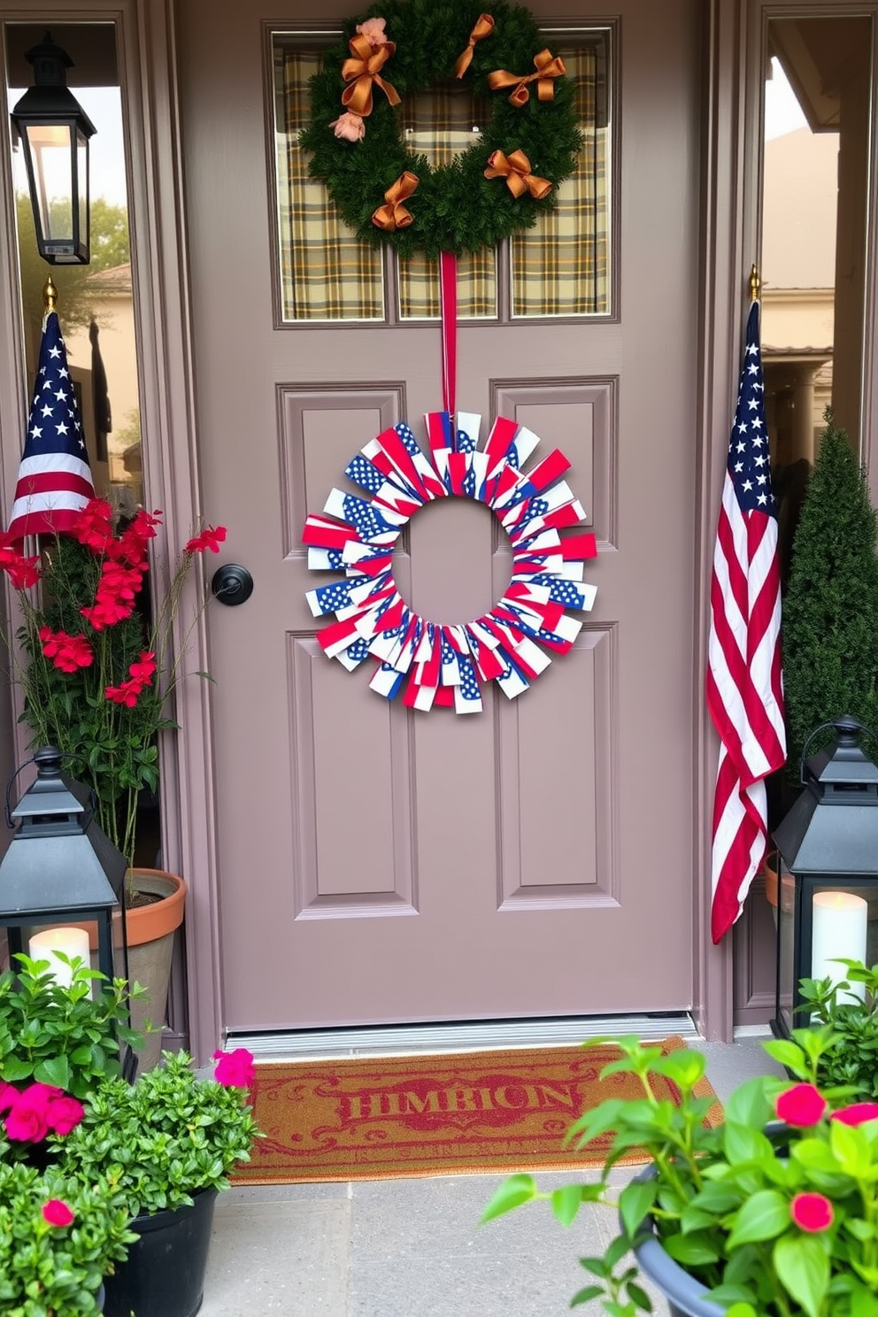 A festive wreath made of mini flags is hung on the front door, showcasing vibrant colors that celebrate Memorial Day. The wreath features an array of small flags arranged in a circular pattern, creating a cheerful and patriotic welcome for guests. Surrounding the door, potted plants add a touch of greenery, while a red, white, and blue doormat complements the theme. Lanterns with candles are placed on either side of the door, providing a warm glow in the evening.