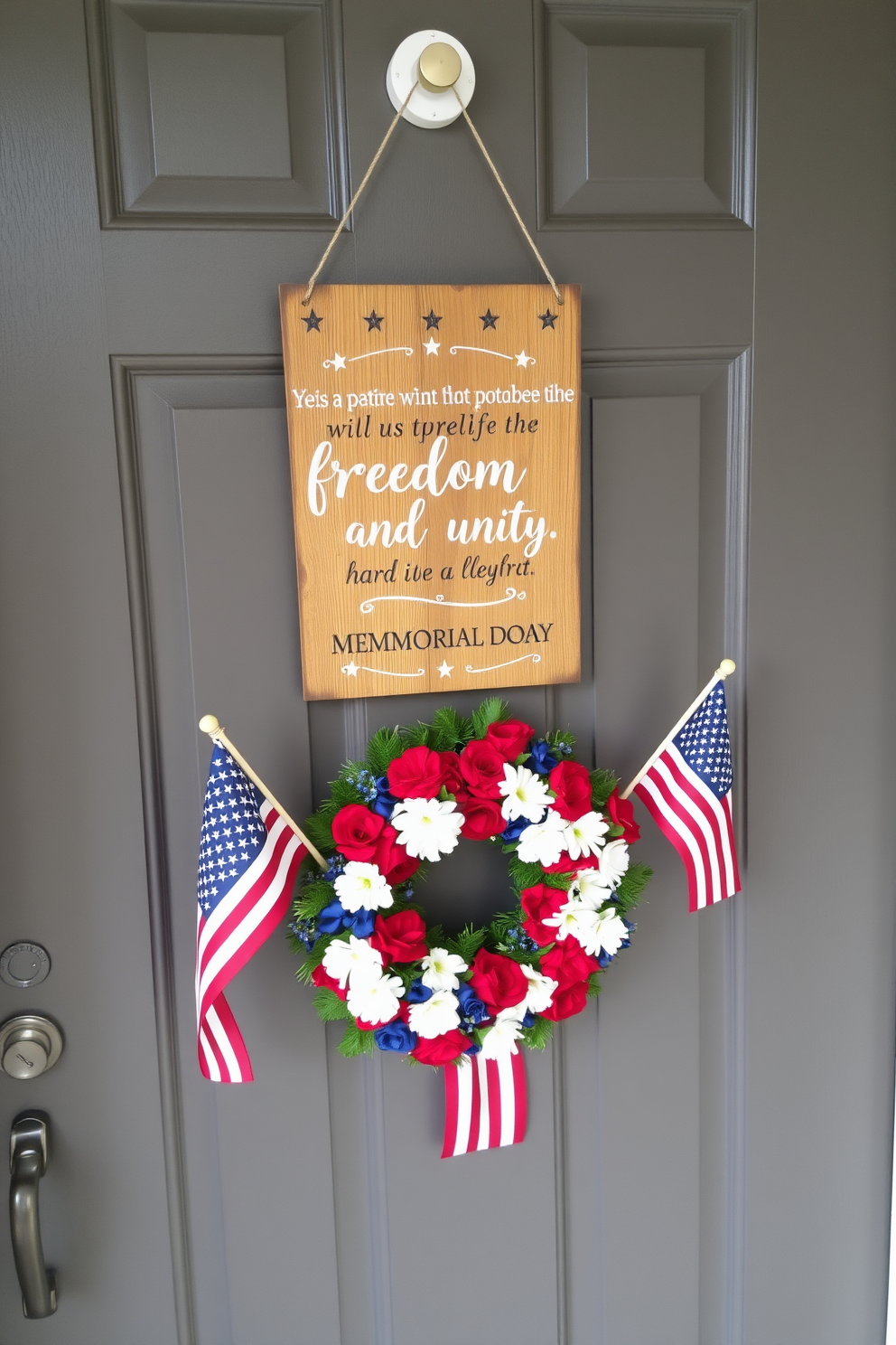 A rustic wood sign hangs on the front door, featuring a patriotic quote that celebrates freedom and unity. The sign is adorned with subtle embellishments like stars and stripes, enhancing its rustic charm. For Memorial Day, the front door is decorated with a vibrant wreath made of red, white, and blue flowers. Alongside the wreath, small American flags are placed to create a festive and welcoming atmosphere.