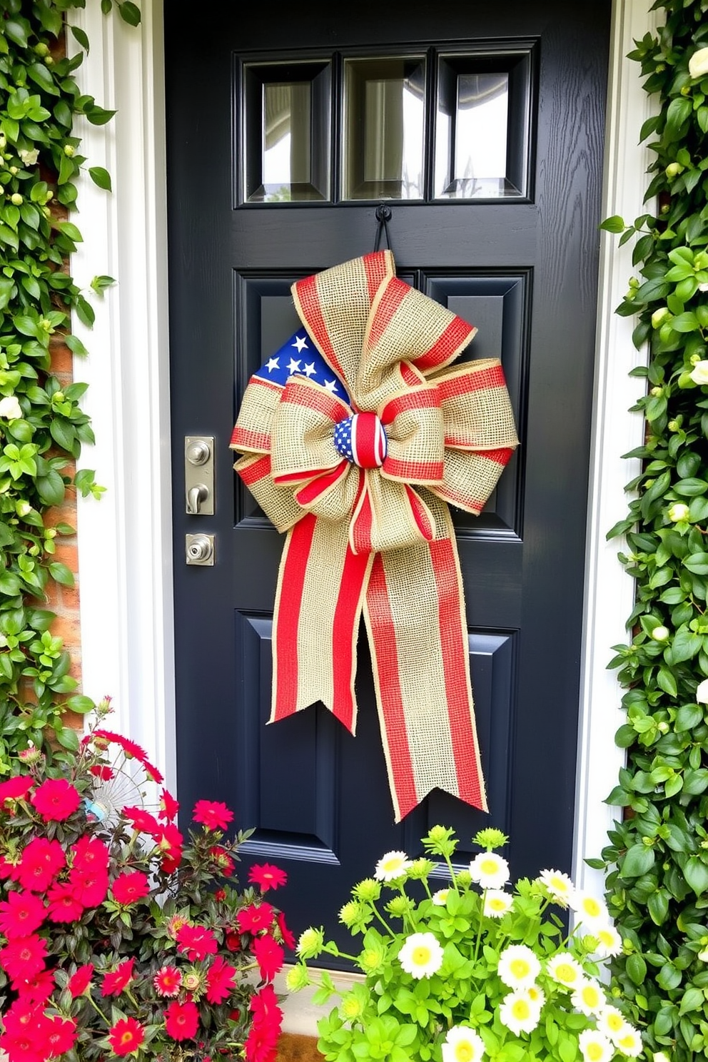 A charming front door adorned with a burlap bow featuring red, white, and blue flag accents. The door is framed by lush greenery and seasonal flowers, creating a festive and welcoming atmosphere for Memorial Day.