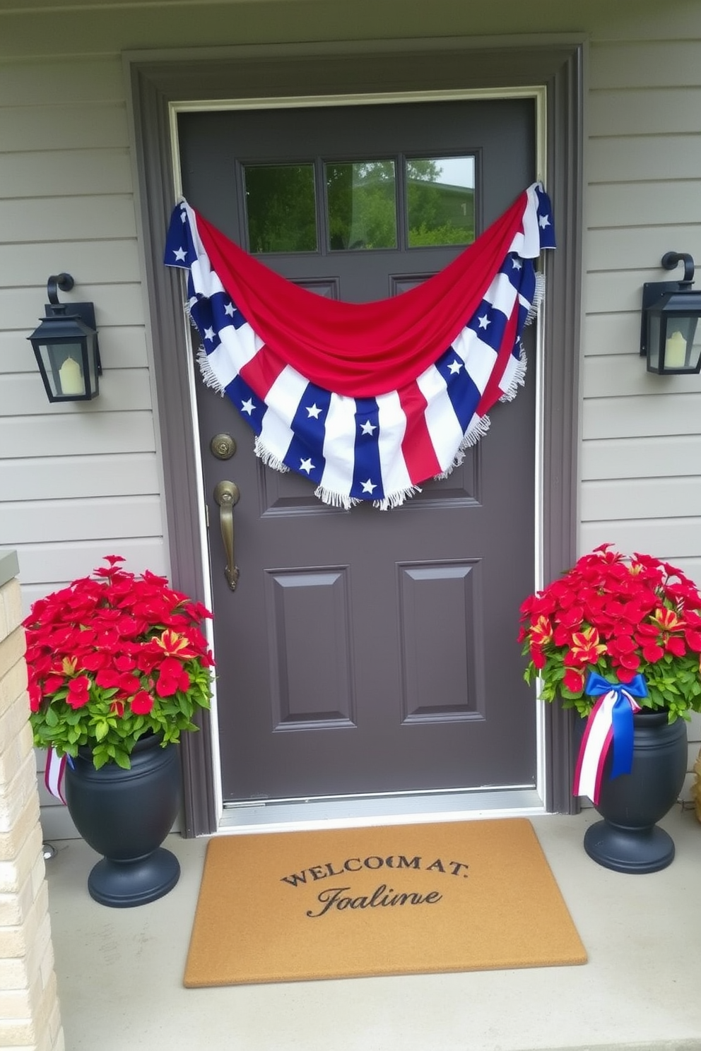 A charming front door adorned with a red white and blue swag. The swag features vibrant fabric in stripes and stars, draping elegantly across the top of the door. Flanking the door are potted plants in patriotic colors, adding a festive touch to the entrance. A welcoming mat with a star pattern lies at the base, inviting guests to step inside.