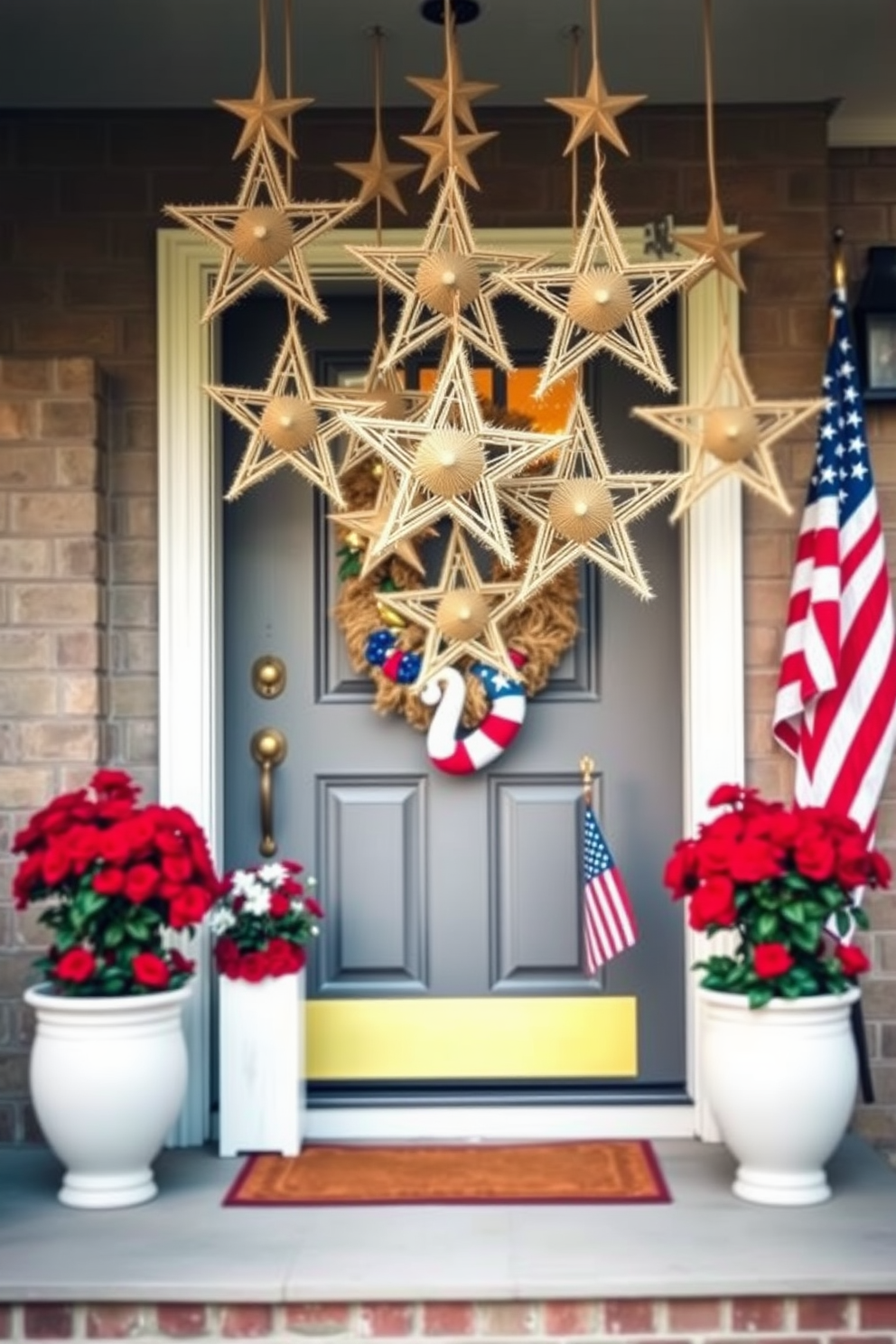 A charming front door adorned with hanging stars made of twine creates a warm and inviting atmosphere. The stars are arranged in varying sizes, adding depth and texture to the entryway, complemented by a seasonal wreath. A festive Memorial Day display features red, white, and blue accents around the front door. Potted flowers in patriotic colors are placed on either side, enhancing the welcoming feel of the home.