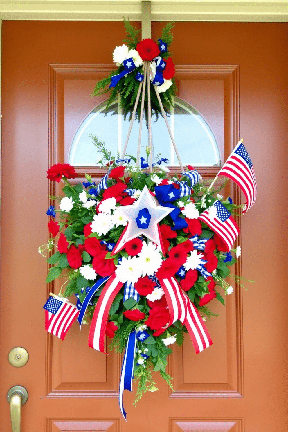 A patriotic door swag adorned with vibrant red white and blue flowers hangs gracefully over the entrance. The arrangement features a mix of seasonal blooms complemented by lush greenery creating a welcoming and festive atmosphere. For Memorial Day the front door is decorated with a stunning display of stars and stripes. The swag is accented with ribbons and small flags that evoke a sense of pride and celebration for the holiday.