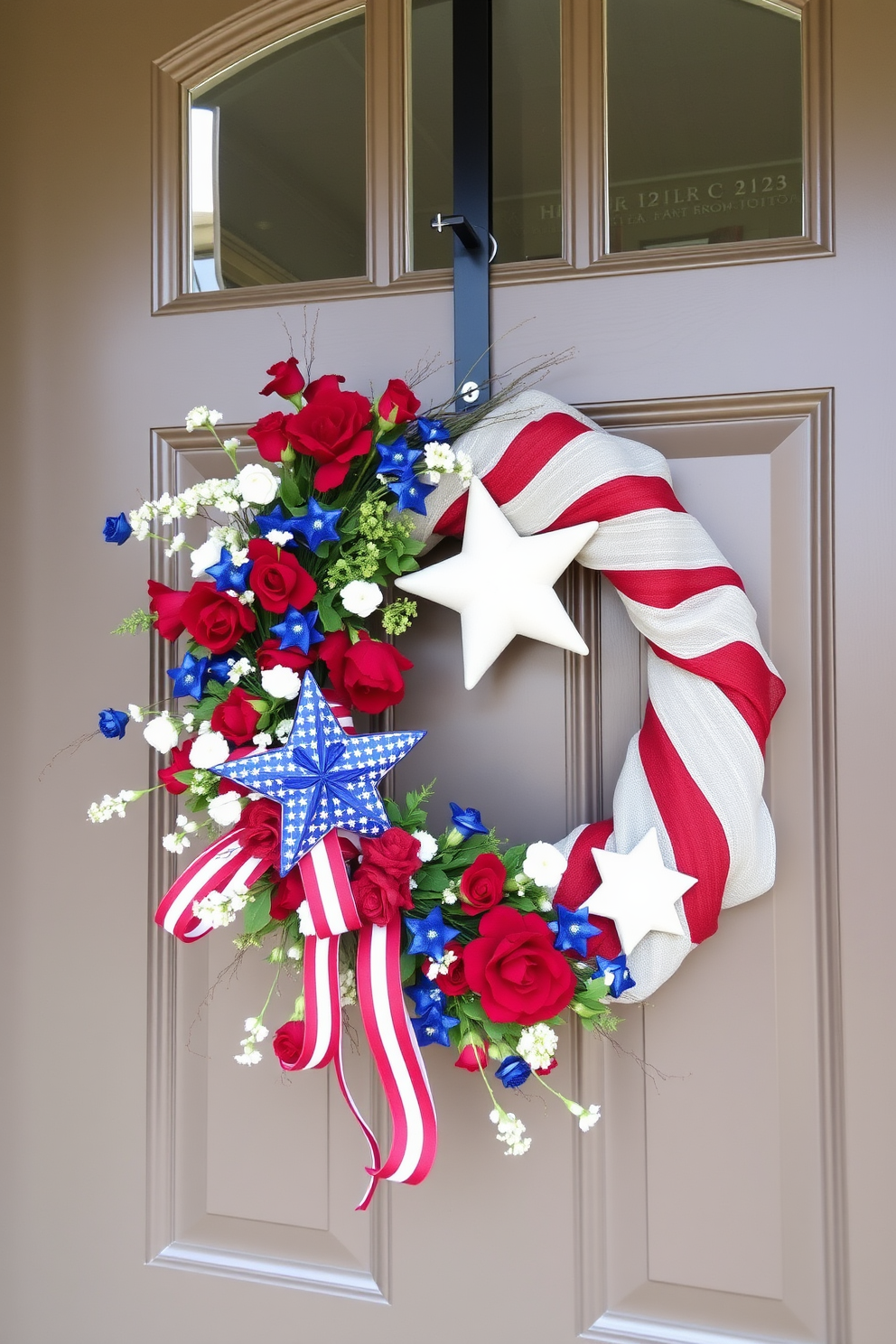 A beautifully arranged Old Glory wreath adorned with red white and blue embellishments hangs proudly on the front door. The wreath features delicate stars and stripes intertwined with seasonal flowers creating a festive and patriotic display for Memorial Day.