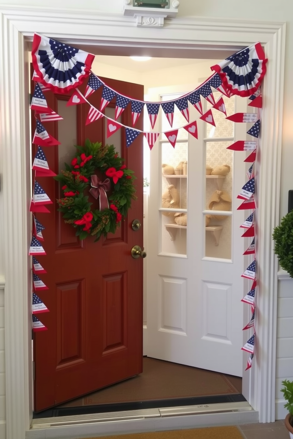 A charming front door adorned with mini flag bunting draped elegantly across the door frame. The vibrant colors of red, white, and blue create a festive atmosphere, perfect for celebrating Memorial Day.