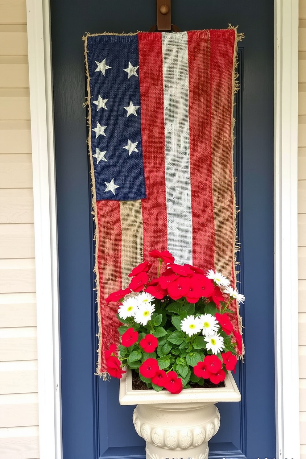 A flag-inspired burlap door hanger adds a rustic charm to your front entryway. The natural texture of the burlap beautifully complements the patriotic colors of red, white, and blue. For Memorial Day, consider pairing the door hanger with seasonal flowers in vibrant hues. A simple arrangement of red geraniums and white daisies in a classic planter completes the festive look.