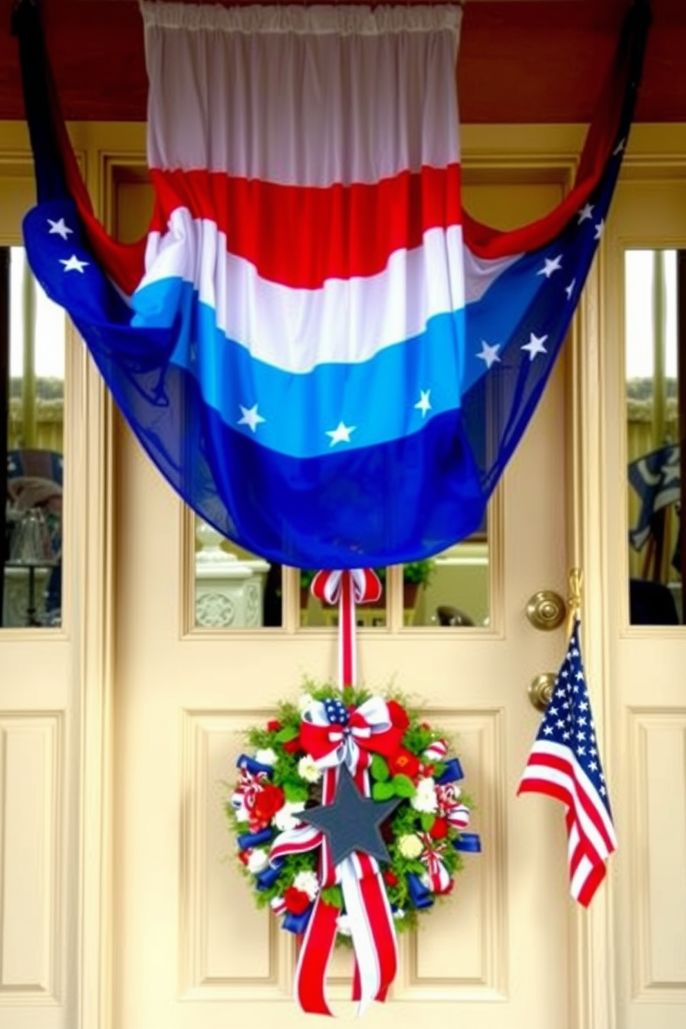 A star spangled door curtain hangs gracefully at the entrance, adorned with vibrant red, white, and blue colors that evoke a sense of patriotism. The curtain flutters gently in the breeze, welcoming guests with a festive and cheerful atmosphere. For Memorial Day, the front door is decorated with an array of seasonal elements, including a wreath made of fresh flowers and ribbons in patriotic hues. A small flag is placed beside the door, adding a touch of honor and remembrance to the festive decor.