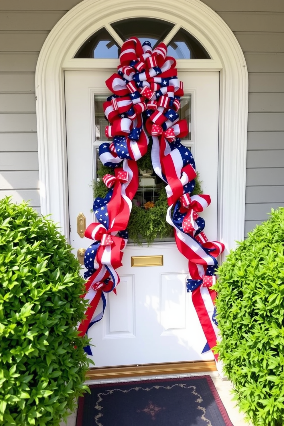 A patriotic ribbon garland is elegantly draped across the front door, showcasing vibrant red, white, and blue colors. The door is framed by lush greenery, creating a festive and welcoming atmosphere for Memorial Day celebrations.