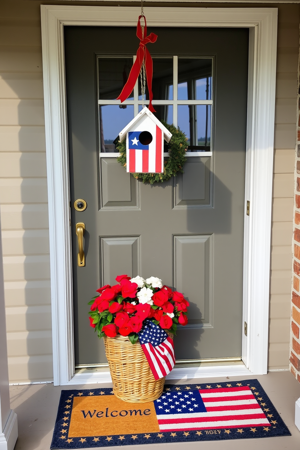 A charming front porch decorated for Memorial Day. A hanging birdhouse features a flag design, adding a festive touch to the entrance. Bright red and white flowers are arranged in a wicker basket beside the door. A patriotic welcome mat is placed at the foot of the entrance, inviting guests with warmth and cheer.