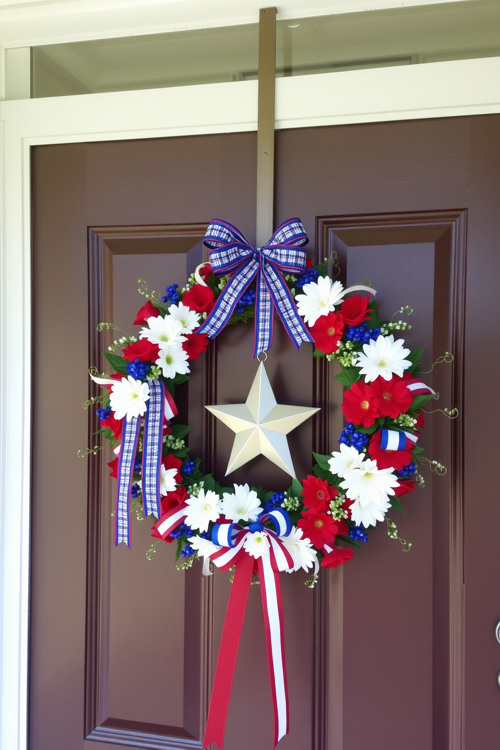 A decorative wreath hangs on the front door, adorned with red white and blue flowers and ribbons to honor military service. The wreath features a central star emblem symbolizing patriotism and remembrance, creating a warm welcoming atmosphere for Memorial Day.