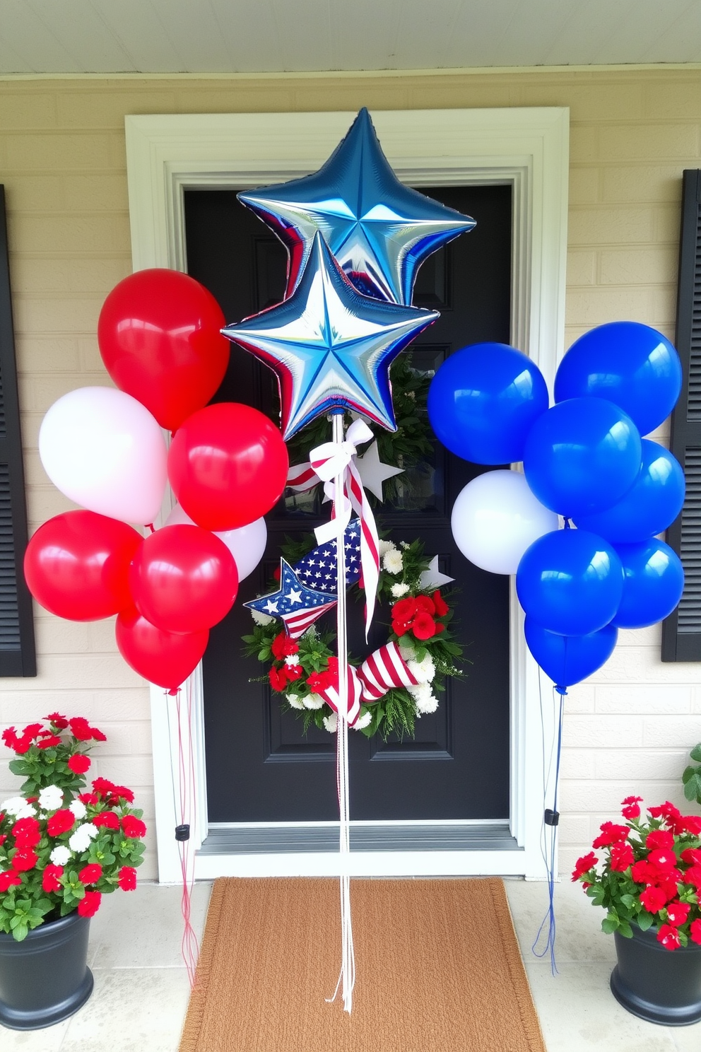 A vibrant balloon bouquet featuring red white and blue balloons is arranged elegantly, creating a festive atmosphere. The balloons are tied together with a ribbon and placed near the entrance to welcome guests. For the front door, a wreath adorned with stars and stripes enhances the patriotic theme. Flanking the door, potted plants with red and white flowers add a touch of natural beauty to the decor.