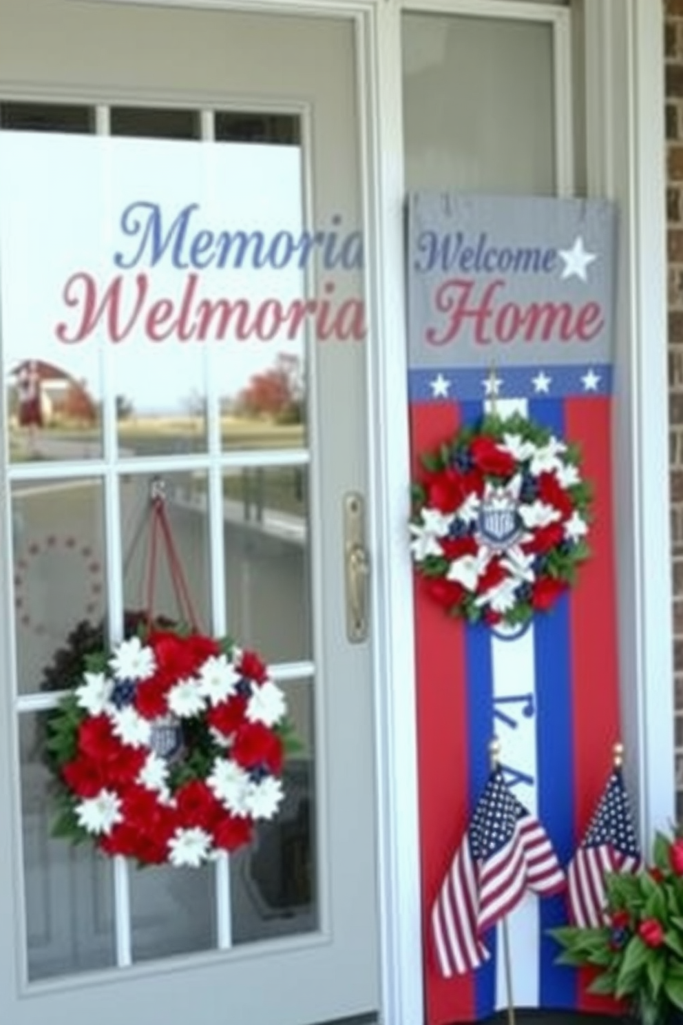 A Memorial Day themed welcome sign featuring patriotic colors of red white and blue. The sign is adorned with stars and stripes and includes the words Welcome Home in bold lettering. The front door is decorated with a beautiful wreath made of red white and blue flowers. Complementing the wreath are small American flags placed along the entryway to enhance the festive spirit.