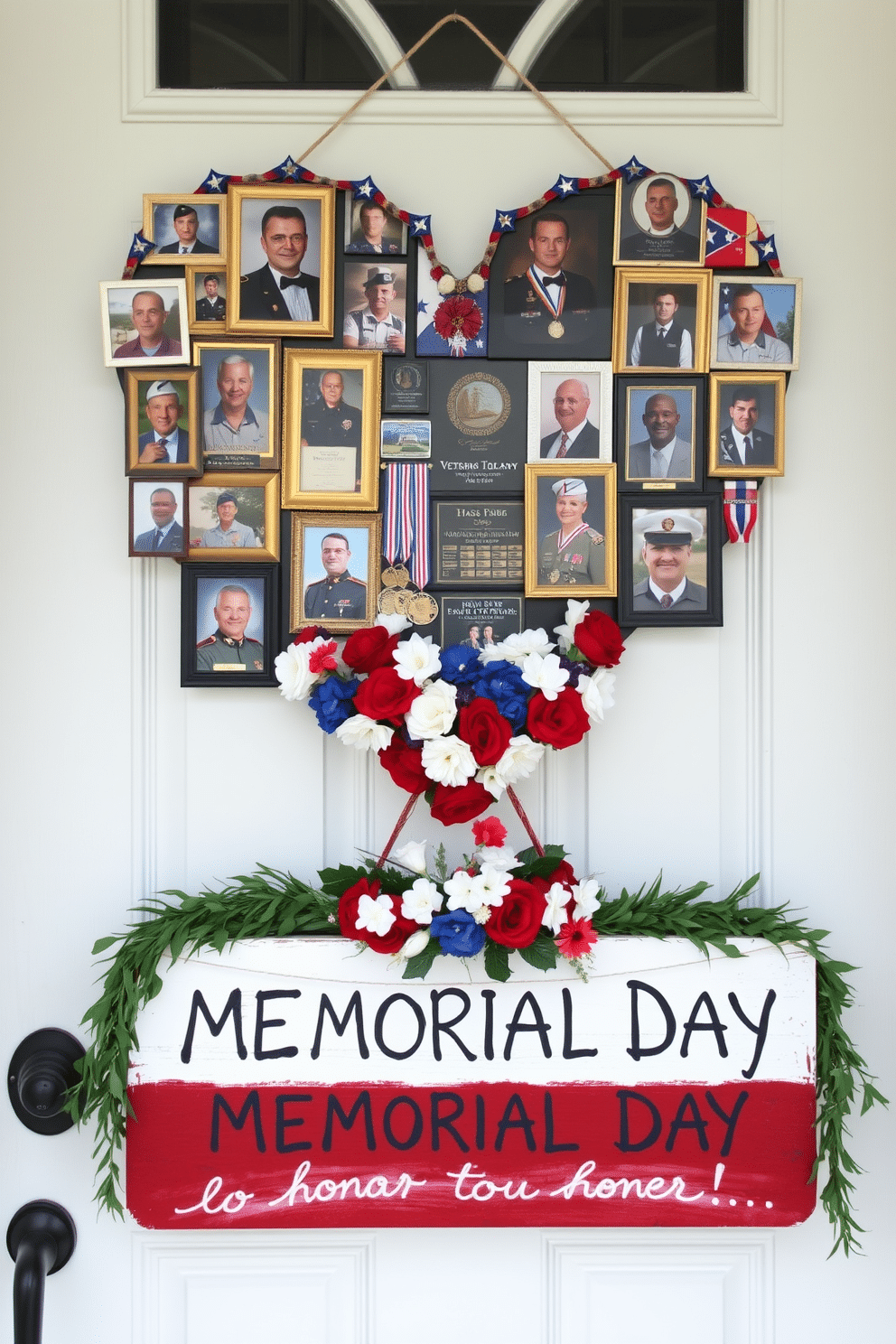 A hanging photo collage of veterans showcasing their service and achievements. The collage is arranged in a heart shape, featuring framed photographs, medals, and personal mementos against a backdrop of patriotic colors. For Memorial Day, the front door is adorned with a beautiful wreath made of red, white, and blue flowers. Complementing the wreath, a welcome sign painted in bold letters hangs below, inviting guests to honor the day.