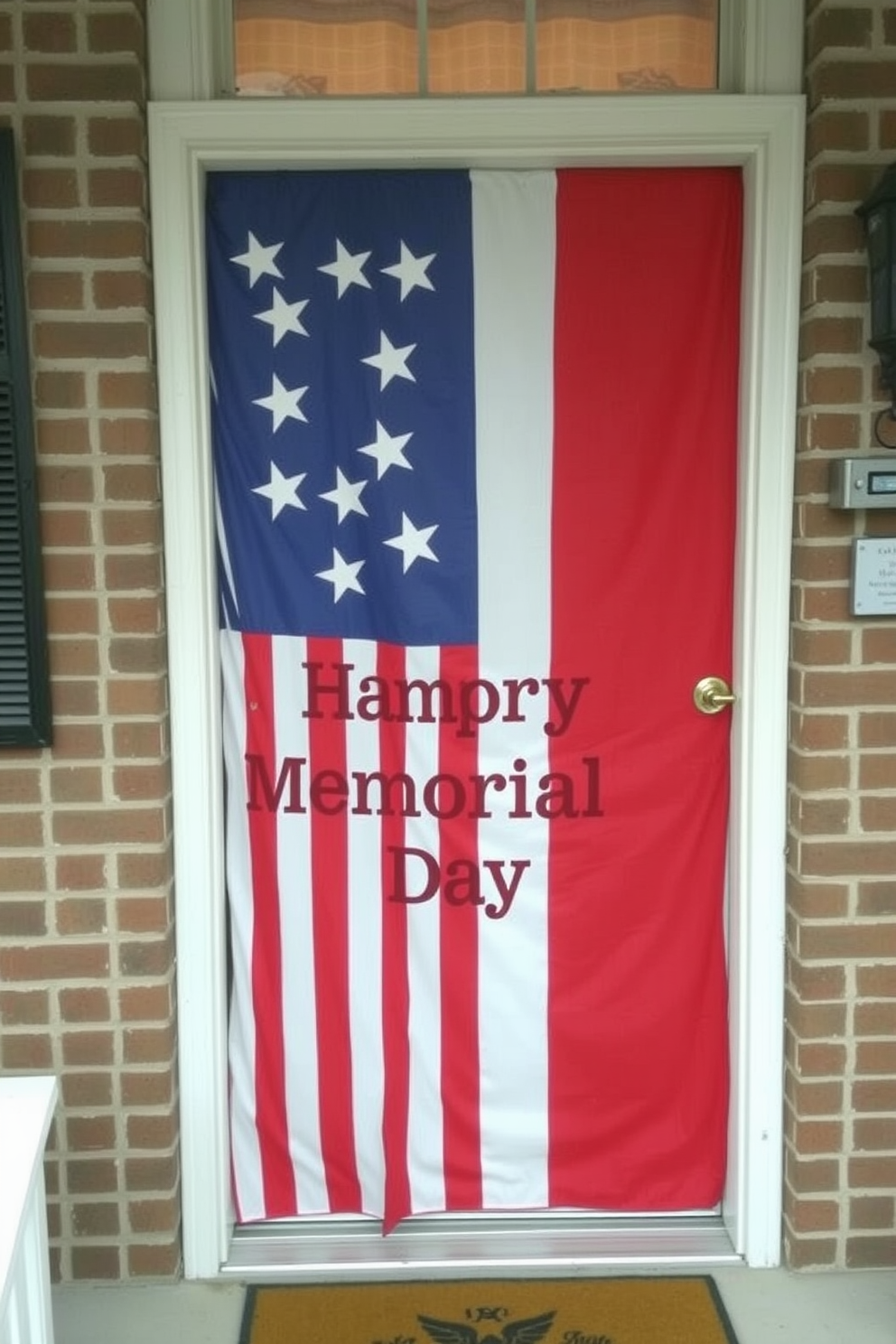 A festive front door adorned with a flag-themed door cover celebrating Memorial Day. The cover features vibrant red, white, and blue colors, with stars and stripes prominently displayed.