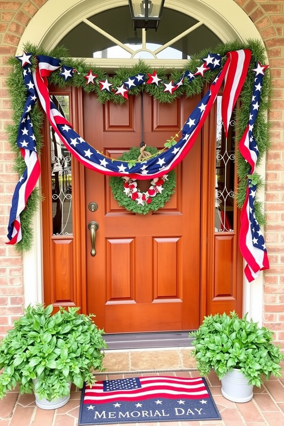 A patriotic garland featuring alternating stars and stripes hangs gracefully across the front door. The vibrant red, white, and blue colors create a festive atmosphere, perfect for celebrating Memorial Day. Flanking the door, potted plants with lush green foliage add a touch of freshness. A welcome mat with a patriotic design complements the garland, inviting guests to celebrate the holiday spirit.