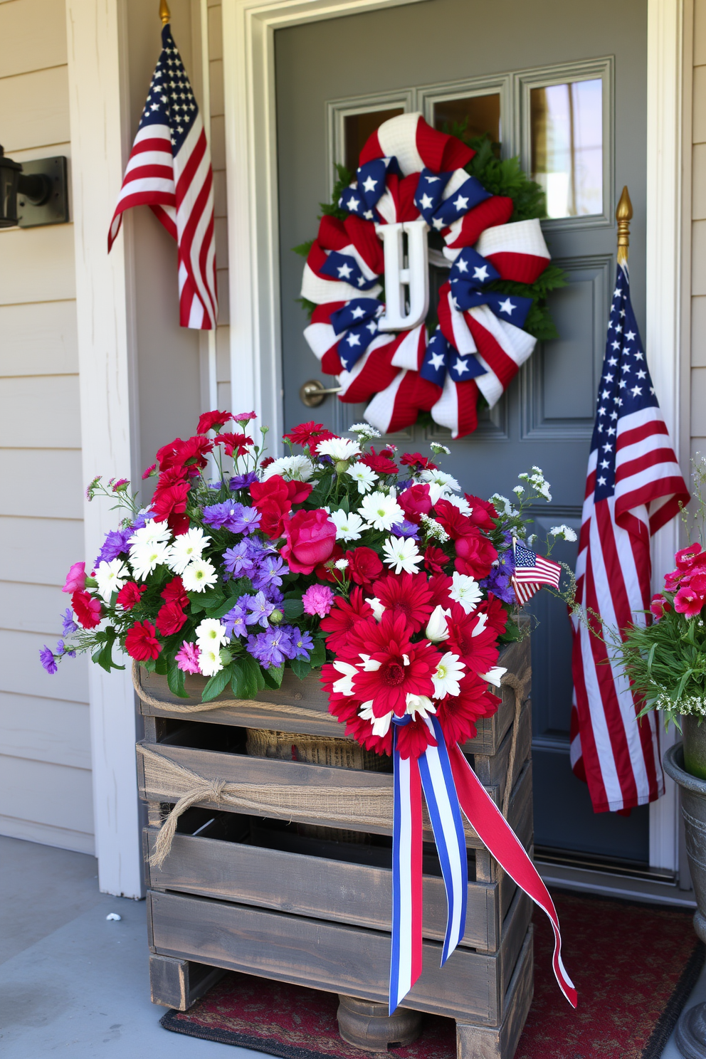 A rustic wooden crate overflowing with vibrant flowers sits on a weathered porch. The crate is adorned with burlap and twine, creating a charming and inviting display. For Memorial Day, the front door is decorated with a large red, white, and blue wreath made of fresh flowers and ribbons. Flags and patriotic accents are placed strategically around the door to enhance the festive spirit.