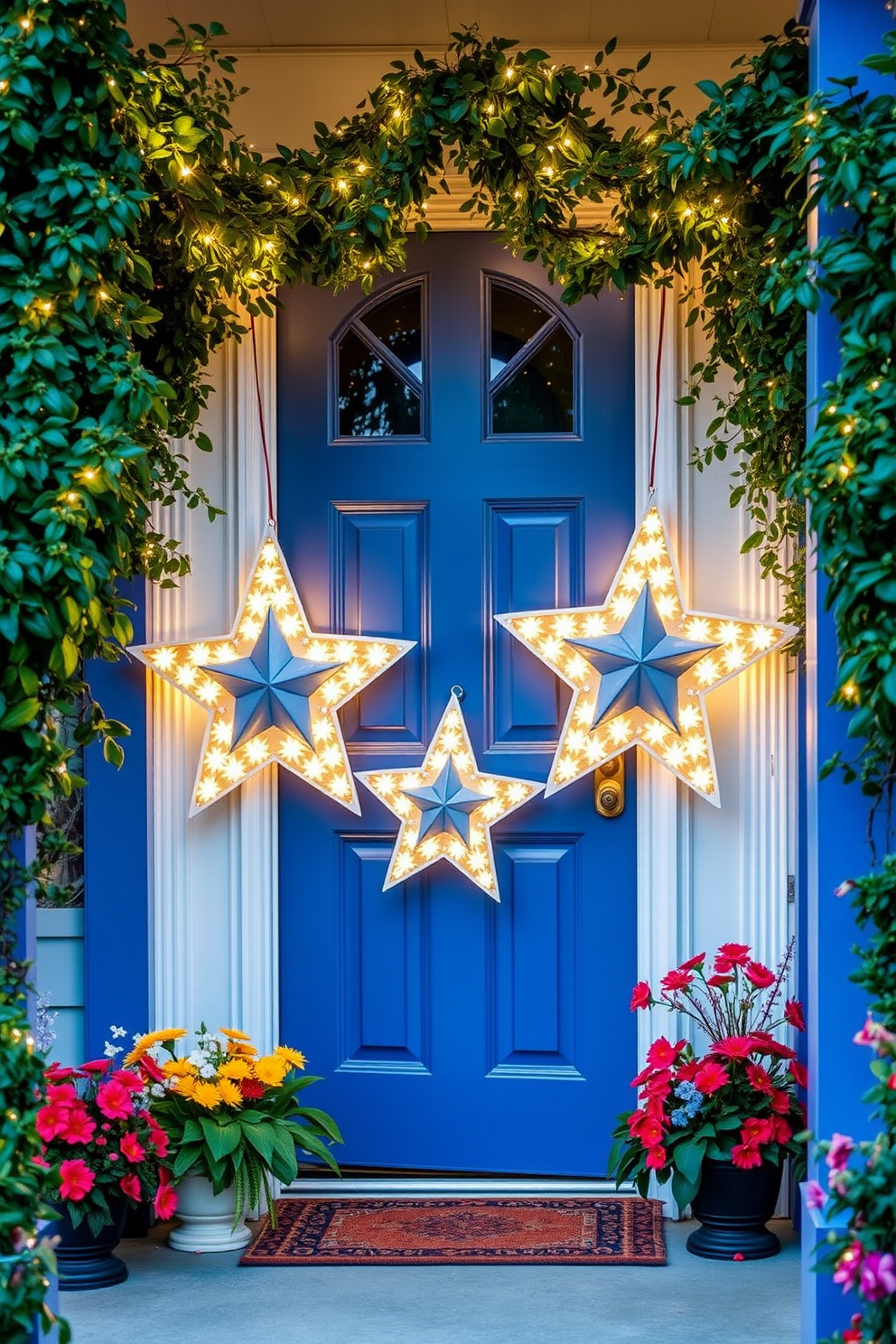 A charming front door adorned with star-shaped decor featuring twinkling lights. The door is painted a vibrant blue, surrounded by lush greenery and seasonal flowers that enhance the festive atmosphere. The star-shaped decorations are carefully arranged to create a welcoming entrance. Subtle lighting highlights the stars, casting a warm glow that invites guests to celebrate Memorial Day.