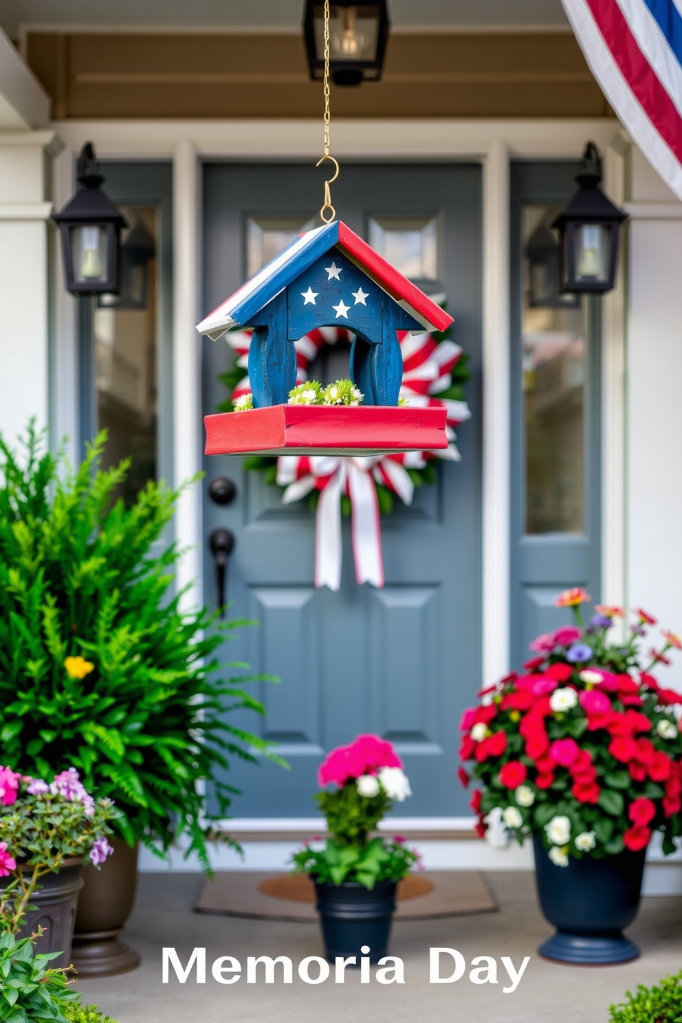 A charming front porch adorned with a hanging bird feeder painted in vibrant flag colors. The bird feeder is surrounded by lush green plants and colorful flowers, creating a festive and welcoming atmosphere for Memorial Day. The front door is beautifully decorated with a patriotic wreath made of red, white, and blue elements. Flanking the door are potted plants with seasonal blooms, enhancing the holiday spirit and inviting guests to come inside.